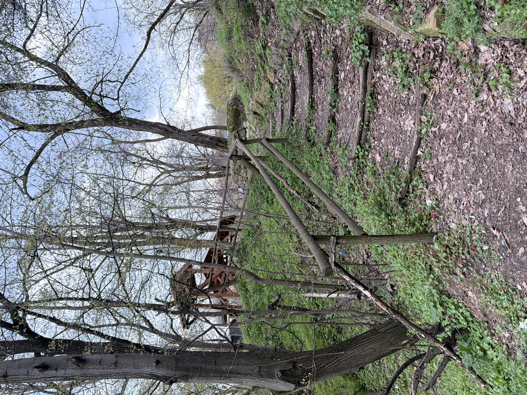 The scene is a wooded area with a rustic wooden fence along a path in Bratsigovo, Bulgaria. The path has rough wooden steps leading uphill, covered with fallen leaves and vegetation. A wooden structure is visible through the trees. The trees are mostly bare, with some showing early signs of foliage. The sky is overcast.