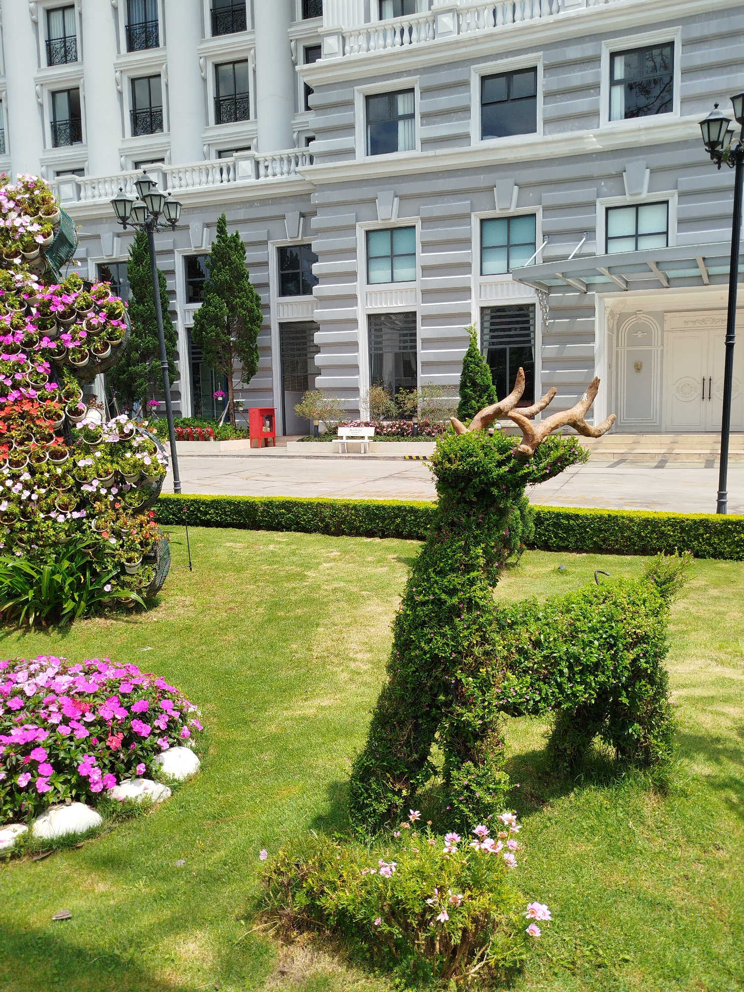 The image shows a well-manicured garden in Da Lat, Vietnam, featuring a topiary of a deer in the foreground. The deer is made of green foliage and has a set of antlers. A tall arrangement of flowering plants in pots stands nearby. Pink and white flowers are also visible in the foreground.
The background features a multi-story building with a white facade and gray accents. Windows are visible, and a covered entrance with glass and white doors is present. Two tall, black lamp posts stand on either side of the entrance. A red fire extinguisher box is visible in the background, along with a white bench. The environment suggests a formal garden setting associated with a hotel or resort.