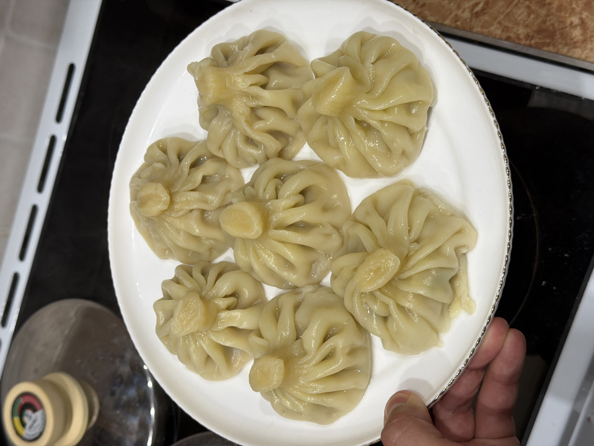 A top-down shot shows a white, circular plate holding seven cooked dumplings, possibly khinkali or manti, characterized by a gathered top. The plate is being held by a hand on the right edge. The plate sits on a black stovetop next to a white countertop with a cylindrical object with multi-colored rings on its side. The scene is located in a kitchen in Chaikovsky, Russia.
