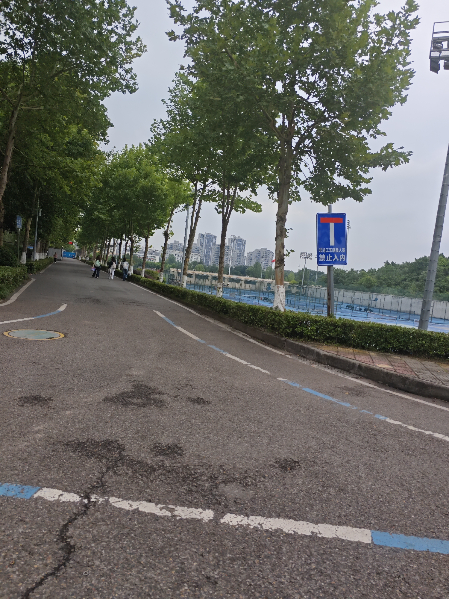 The image captures a view of a paved road bordered by lush green trees on the left and a fenced sports facility with blue courts on the right. The road is marked with white and blue lines, indicating lanes or pedestrian/cycle paths. Several people are seen walking on the road in the middle distance. A traffic sign with Chinese characters, indicating "No Entry," is prominently displayed on a pole near the sports facility. In the background, modern buildings of the Chongqing High-tech Zone can be seen. The sky is overcast, suggesting cloudy weather. The overall scene depicts a public area, likely a park or a campus, within the urban landscape of Chongqing.