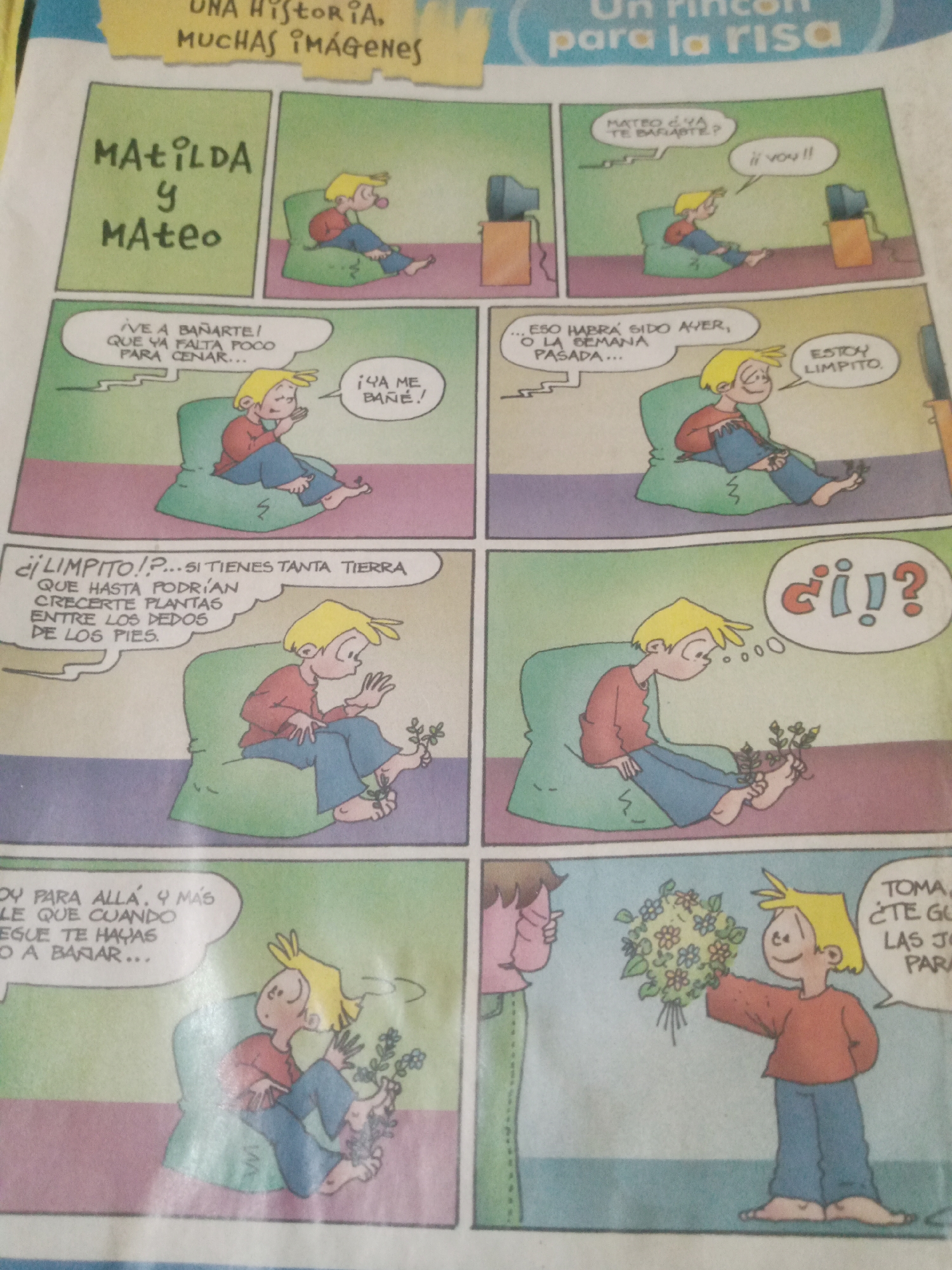 The image is a comic strip about two characters, Matilda and Mateo. The first panel shows the title "MATILDA Y MATEO". In the following panels, Mateo is shown sitting on a beanbag chair watching television. In one panel, Matilda asks Mateo if he has bathed. Mateo replies that he has, claiming to be clean. Matilda then points out that he has so much dirt on his feet that plants could grow between his toes. In a subsequent panel, Mateo appears to be considering this, and in the final panel, he presents Matilda with a bouquet of flowers, saying "TOMA, ¿TE GUSTAN LAS JOLAS PARA...". The comic strip is set indoors, in what appears to be a living room. There are no identifiable landmarks or elements that would place this comic strip in Santa Ana, Venezuela. The comic strip is printed on paper and is part of a publication.