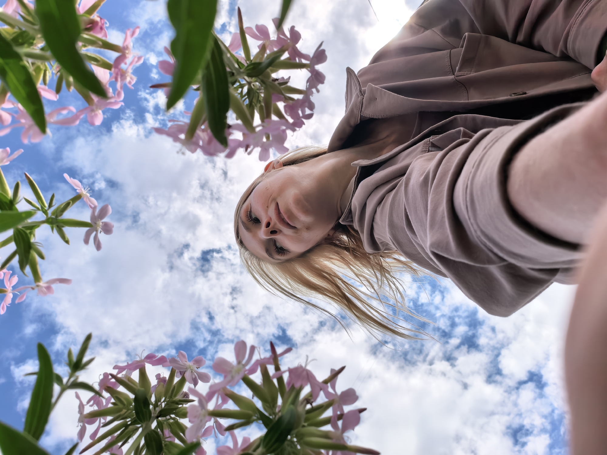 This media file features a low-angle shot of a young woman with blonde hair, looking upwards towards the sky. She is wearing a light brown or mauve hooded jacket. The scene is set outdoors, with a bright blue sky filled with fluffy white clouds. In the foreground and framing the shot are delicate pink flowers with green leaves, suggesting a blooming plant. The perspective is from below, as if the camera is at ground level looking up at the woman and the flowers. The lighting indicates it is daytime, likely sunny due to the bright sky and subtle highlights. The overall mood is relaxed and perhaps a bit playful, given the unusual camera angle. There is no visible text in the image. The location context is Sterlitamak, Russia.