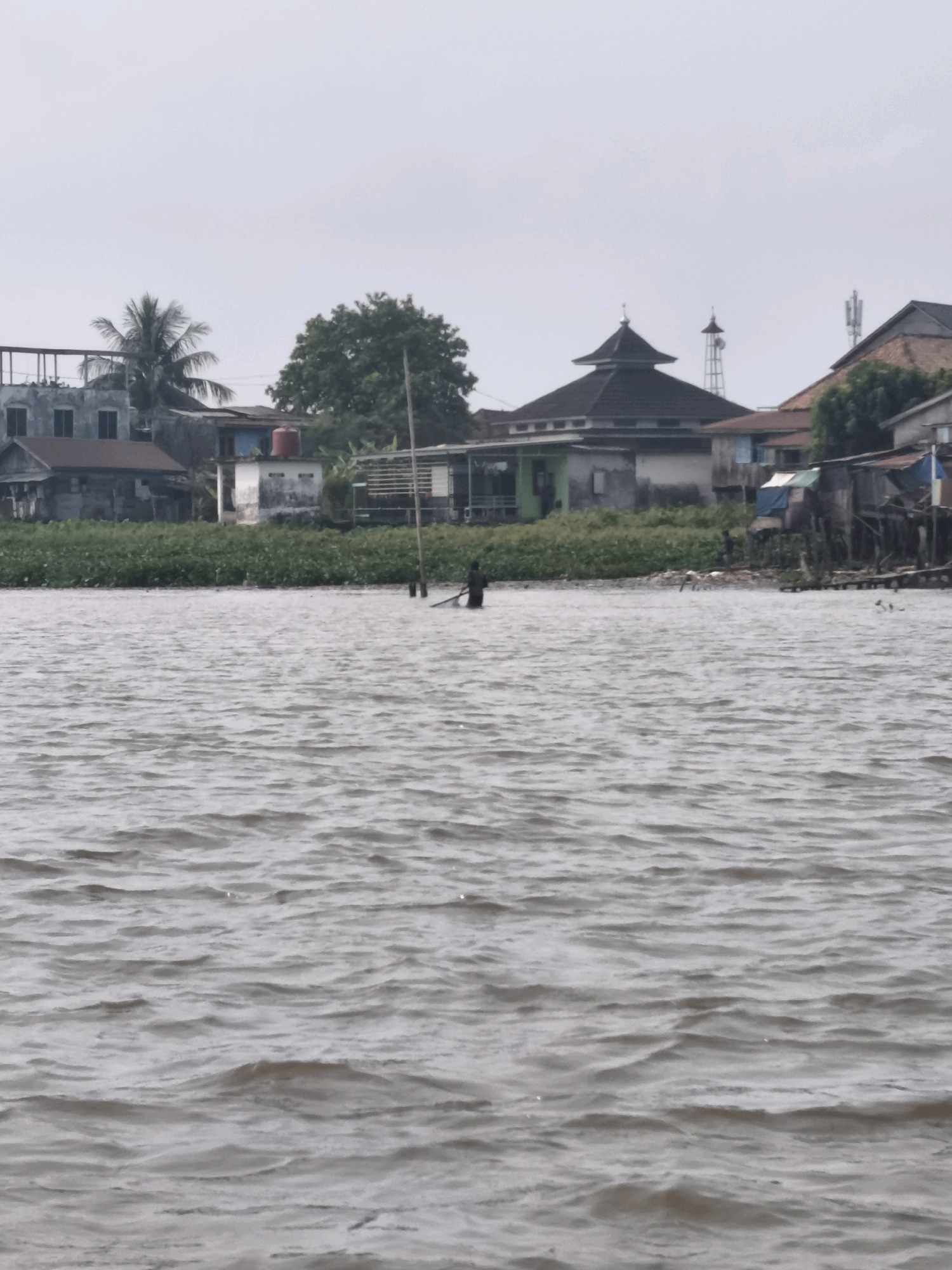 The image depicts a river scene in Palembang, Indonesia, with a cluster of buildings lining the far bank. The foreground is dominated by rippling, muddy water. On the bank, a mosque with a dark, tiered roof is visible, along with other structures that appear to be houses and possibly a small settlement on stilts. Vegetation, likely water hyacinths, grows densely along the water's edge. In the water, a lone individual, silhouetted against the hazy sky, stands with a long pole or fishing rod, suggesting an activity like fishing or navigating. The overall atmosphere is overcast and somewhat muted, characteristic of the humid climate. The presence of a mosque and the style of the buildings suggest a residential area within the city.