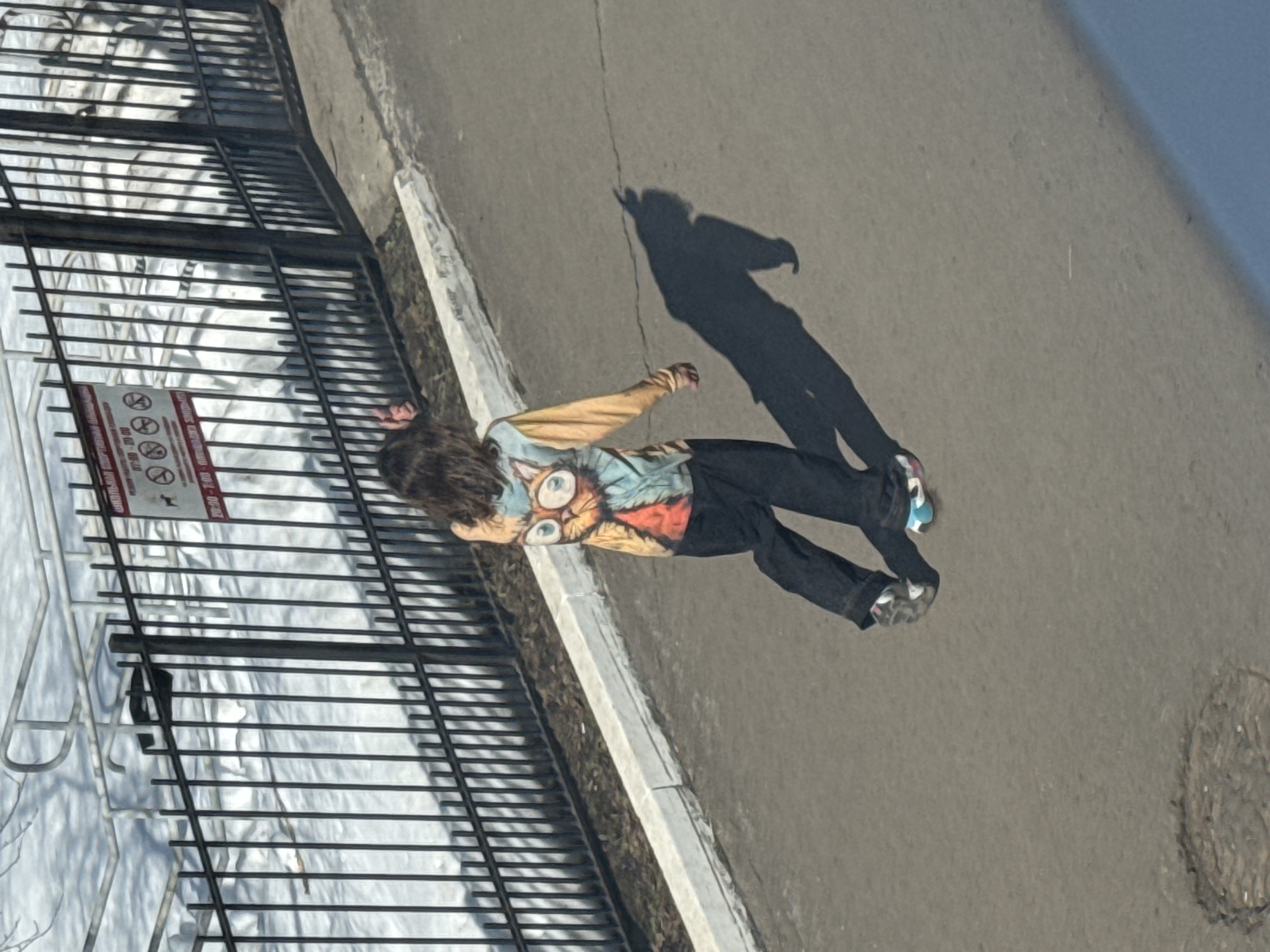 The image shows a person, possibly female, with long brown hair, wearing a multicolored jacket with a cartoon cat design and dark pants, roller skating on a paved surface adjacent to a metal fence. The ground appears to be asphalt. The shadow of the skater is visible on the pavement. The setting is urban, possibly a street or sidewalk. A sign is visible on the fence, bearing Russian text. Through the fence, snow can be seen. Based on the text on the sign, the location is likely Chaikovsky, Russia.