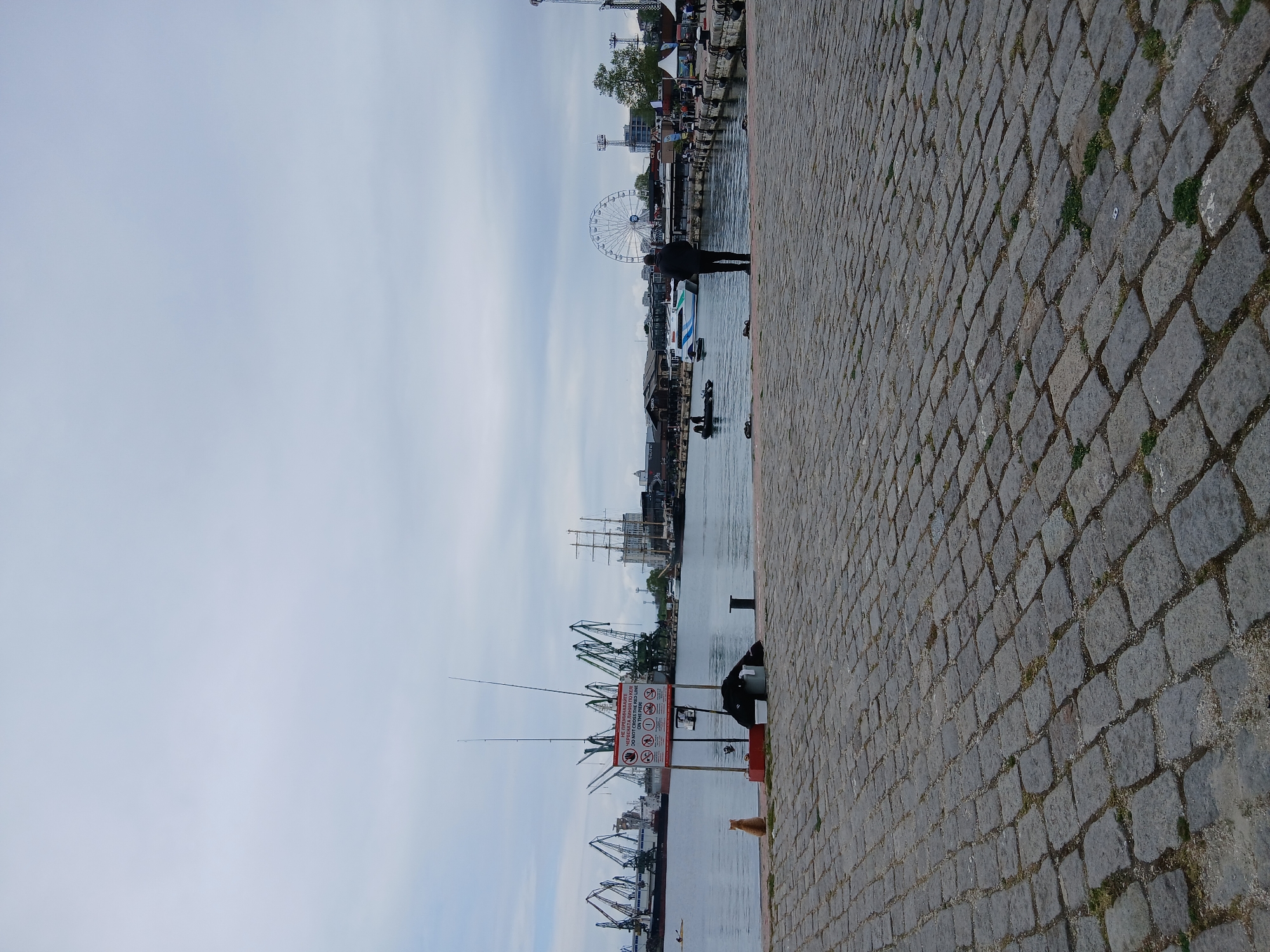 The scene is a quay in Varna, Bulgaria. A cobblestone surface stretches to the right. To the left is water. A man stands near the water. In the background are ships, cranes, and a Ferris wheel. A sign prohibits fishing. A fishing rod is visible. An orange cat sits near the sign. The sky is overcast.