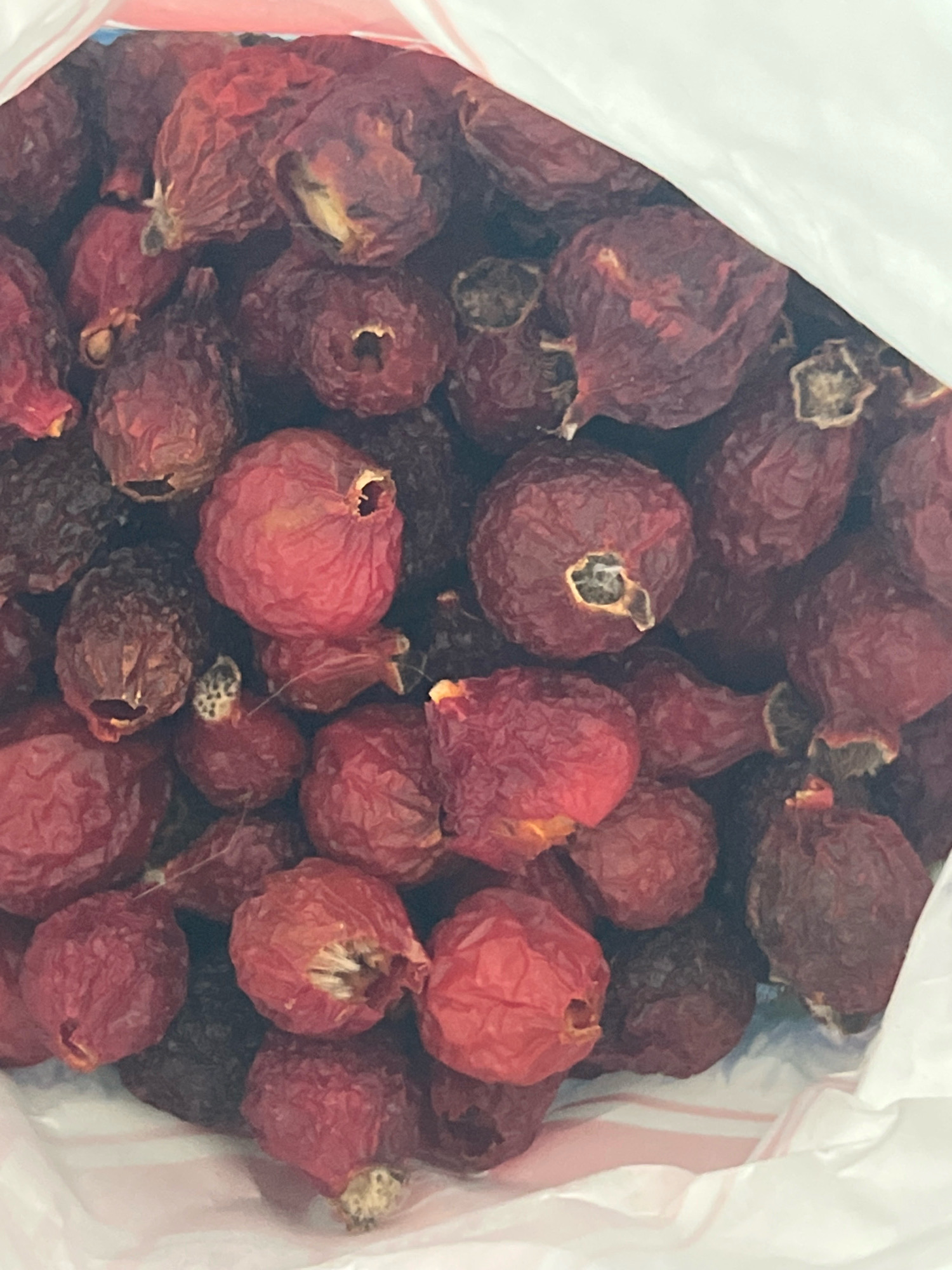 A close-up, overhead shot captures a pile of dried rose hips in a white plastic bag. The rose hips are small, round to oval, and range in color from deep red to dark maroon. Their surfaces are wrinkled and shriveled, indicating they are dried. Some have visible stems or remnants of where they were attached. The lighting is bright, causing some highlights on the fruit. The background consists of the white interior of the bag, with faint pink and white stripes visible at the bottom edge. The scene is static and there are no people or other living beings present.