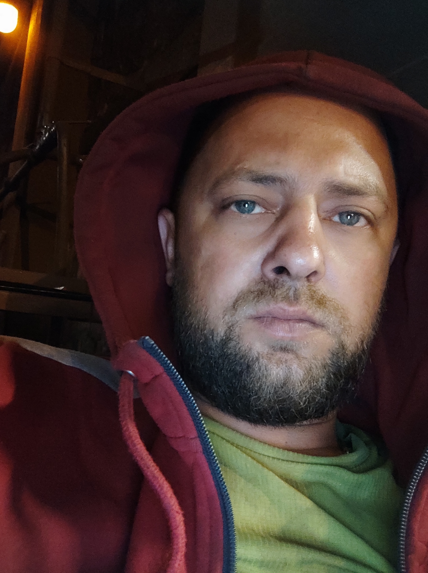 The image is a close-up, self-taken photograph of a man with blue eyes, a beard, and a goatee. He is wearing a red hooded jacket over a green t-shirt. The background is dark and appears to be indoors, possibly at night, with some faint lighting visible in the upper left corner. The image does not contain any specific information or landmarks that would indicate its location within the city of Salzgitter, Germany.