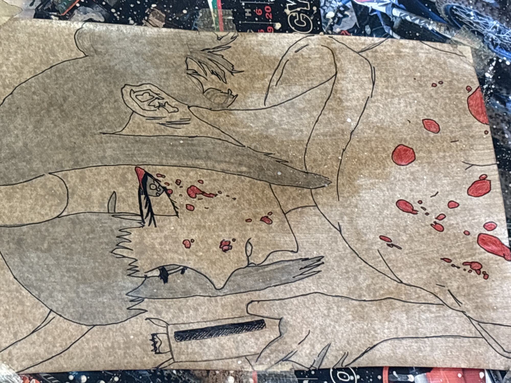 A hand-drawn image on a tan background depicts two figures in close proximity. One figure appears to be a human male, lying on his back. Above him is another figure that may be an animal, possibly a wolf. Red splotches, presumably representing blood, are scattered across the image. The location in Selyanin, Bulgaria is unknown.