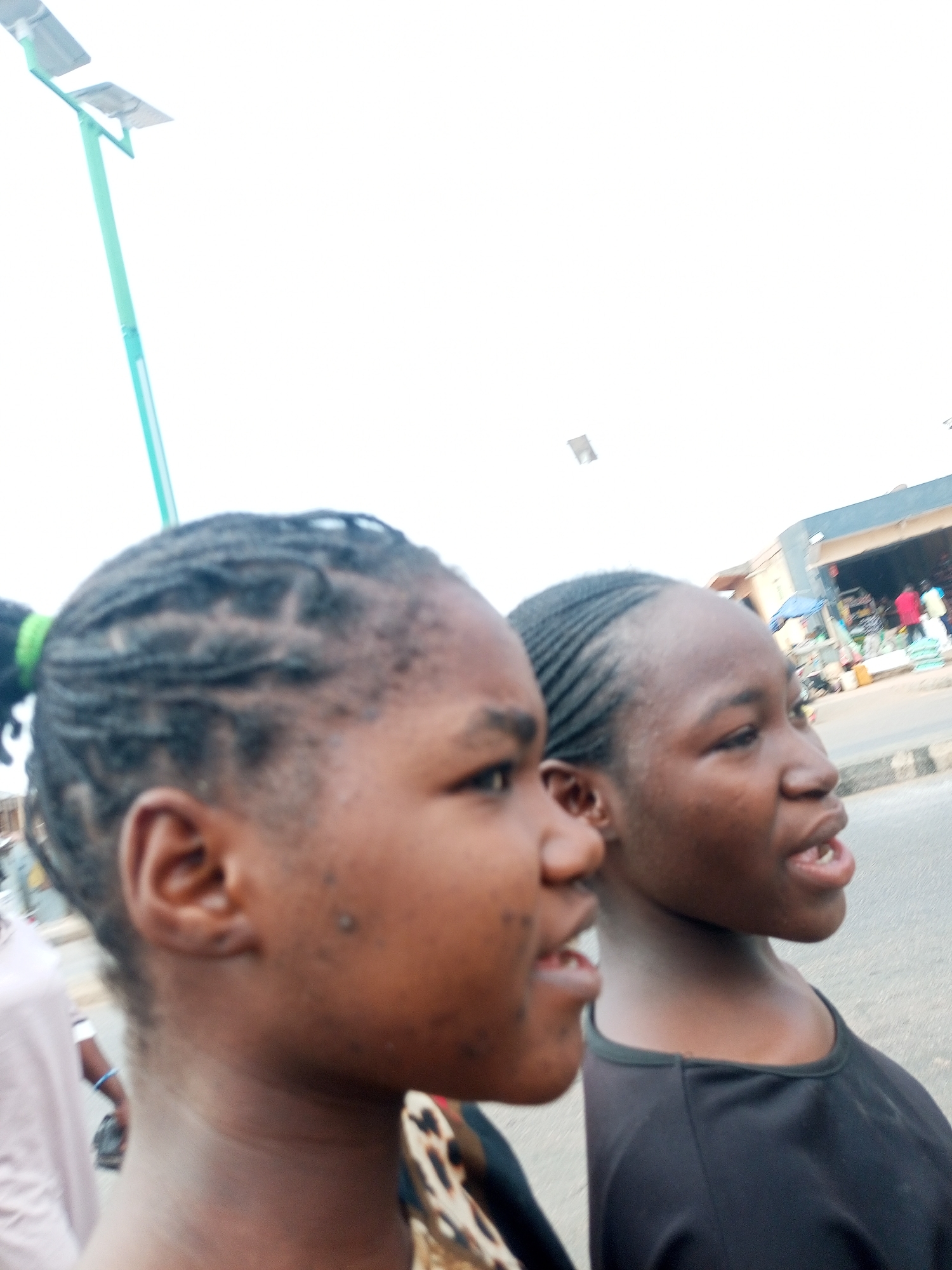 Two young women stand side-by-side in Tempure, Nigeria. The woman on the left has her hair in braids pulled back into a ponytail secured with a green band. She wears a brown patterned top. The woman on the right has her hair braided close to her scalp and wears a black top. Both women are looking to the right with their mouths slightly open as if they are speaking. Behind them is a street with a building and people in the background. A light pole with solar panels stands to the left of the women.