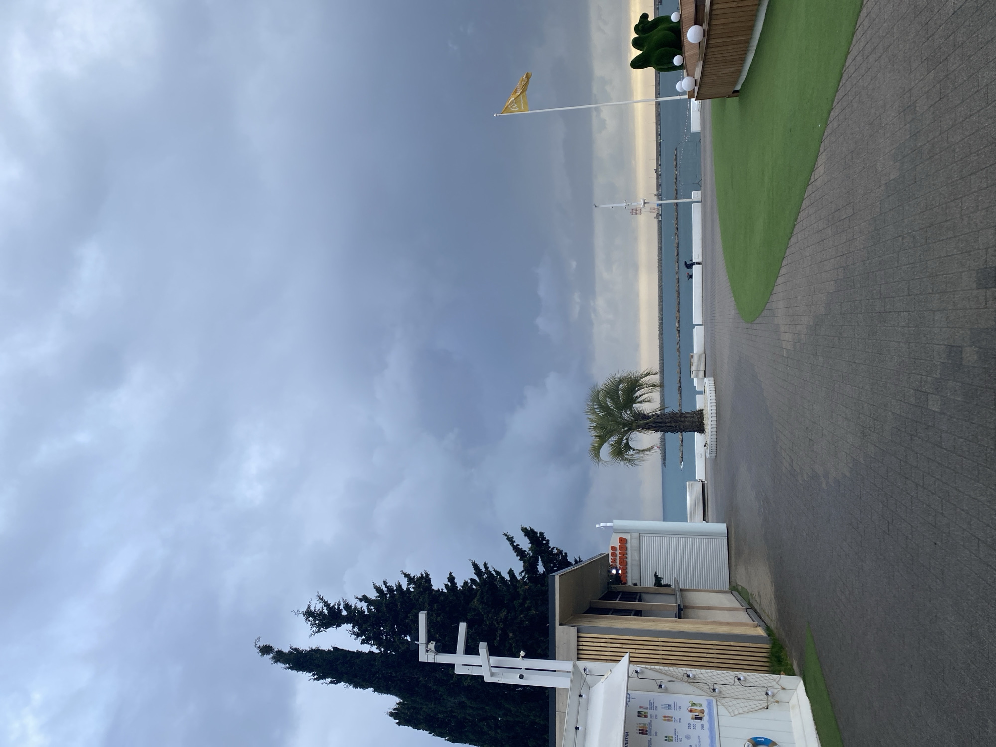 The image captures a scene in Sochi, Russia, possibly near the beach or a coastal area. The sky is overcast with heavy cloud cover.
In the foreground, a building with a menu sign is visible, suggesting it could be a cafe or eatery. Tall evergreen trees stand next to the building. A paved walkway stretches towards the sea. There is an area with artificial turf and a decorative structure with white spherical lights.
A palm tree stands between the walkway and the sea. In the distance, a yellow flag waves atop a tall pole. The sea appears calm, with a horizon line visible in the background.