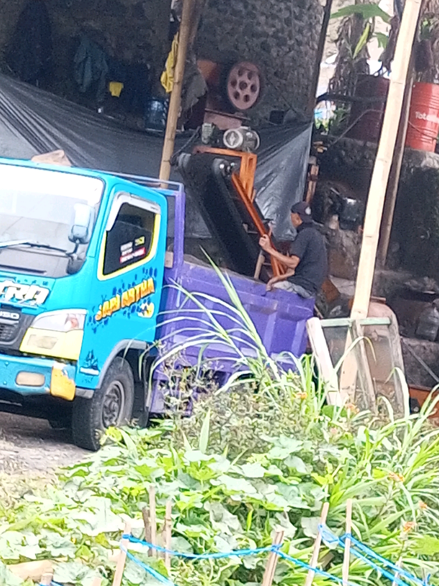 A blue and purple truck is parked on a dirt surface. The truck has yellow accents on the front and some text on the side that reads "SARI ASTHA". A person wearing a black t-shirt and a dark cap is sitting on the edge of the purple truck bed, appearing to be interacting with something. Behind the truck, there are some wooden structures, a red barrel, and various pieces of equipment including what appears to be a generator. Lush green foliage is growing in the foreground, with some wooden stakes and blue string creating a makeshift barrier. The scene suggests a work or storage area in a semi-rural or industrial setting, possibly in the city of Andongsili, Indonesia, given the context.