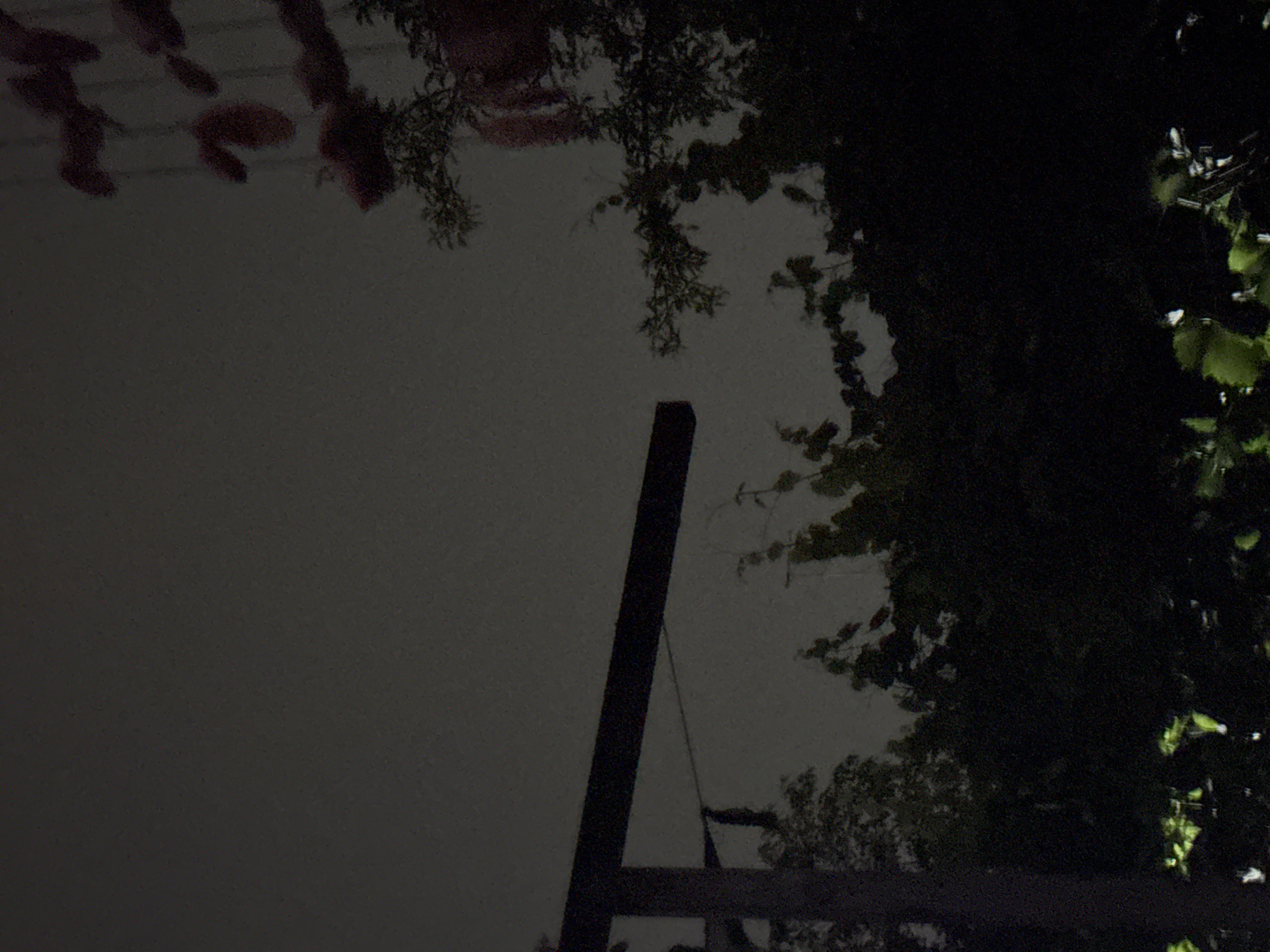 The image depicts a dimly lit outdoor scene at night. In the foreground, dense, dark foliage, likely trees and bushes, occupies the lower portion of the frame. Some scattered green leaves are faintly illuminated, suggesting a light source from below or a very faint ambient light.
To the left, a dark, horizontal beam supported by vertical posts is visible. This structure appears to be made of wood and is positioned against the night sky.
In the upper right quadrant, a series of red, elongated objects are hanging from a string or thin wire. These objects are blurry and indistinct due to the low light and possibly motion. They appear to be decorative or possibly related to an outdoor display. A branch with dark green leaves is also visible in this area, extending from the right side of the frame and partially obscuring the hanging red objects.
The sky is a uniform, dark gray, indicating a cloudy or overcast night with minimal light pollution. The overall impression is one of a quiet, possibly private outdoor space at night. There are no people or animals visible in the image. The location in Vostok, Kyrgyzstan, cannot be determined from the visual information provided in this image alone.