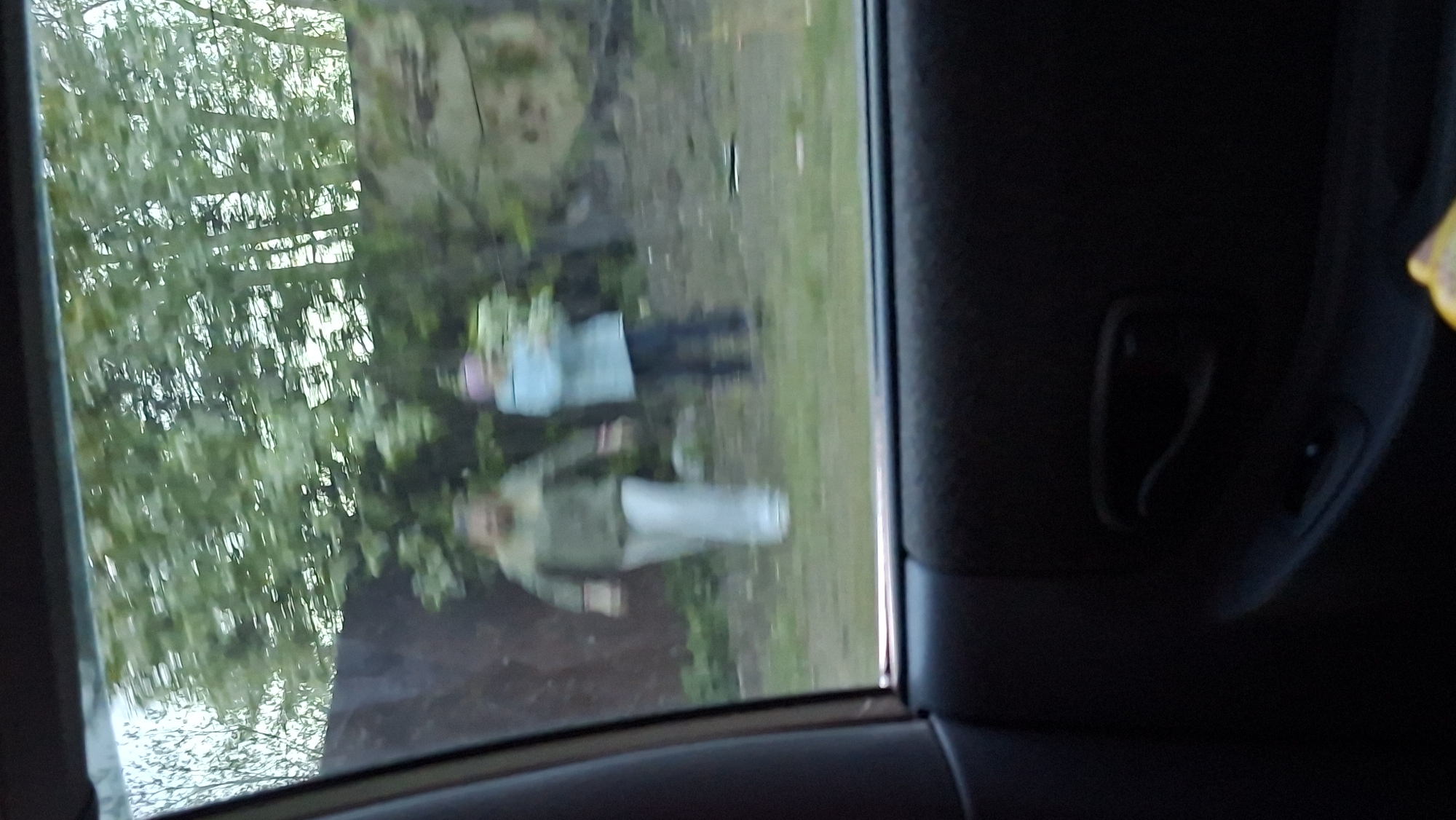 The image appears to be taken from inside a vehicle, looking out a window. Two individuals are visible outside, a lighter-colored person and a darker colored person. The lighter colored person has a lighter colored top, and white pants. The darker colored person is wearing blue with darker pants. They stand on a grassy area among trees. The environment appears to be outdoors during daylight hours. The location is Chaikovsky, Russia. The image is blurred, likely due to movement or the window's condition.