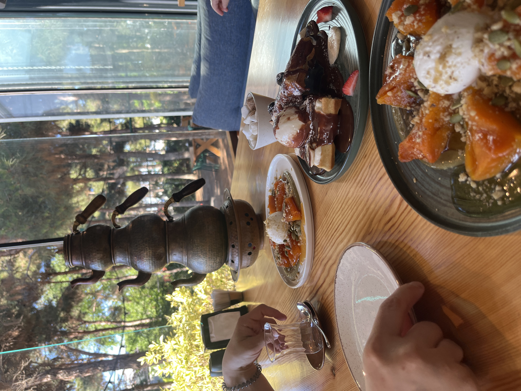 The image captures a tabletop scene inside what appears to be a cafe or restaurant in Kaspiysk, Russia, during the daytime. The setting features a wooden table laden with various items, suggesting a tea and dessert service.
In the foreground, a person's hands are visible. One hand holds a small, clear glass, likely for tea, positioned next to a spoon on a saucer. The other hand is partially visible next to an empty light-colored plate.
Central to the table is a traditional, ornate samovar, a metal container used to heat and boil water for tea. To its right, two plates of desserts are presented. The plate on the left holds what appears to be churro-like pastries or fried dough pieces, generously covered in chocolate sauce, topped with scoops of ice cream, and garnished with slices of fruit like strawberries and bananas. The plate further to the right showcases pieces of candied pumpkin or apricot, also accompanied by a scoop of ice cream, and sprinkled with various seeds and nuts, possibly pumpkin seeds and crushed nuts. A small cup filled with white sugar cubes or marshmallows is also present near the chocolate dessert.
Through large windows in the background, a lush green outdoor environment is visible, filled with trees and foliage, indicating a natural or park-like setting. The bright natural light streaming in suggests it is a clear, sunny day. The casual arrangement of food and the presence of hands imply an ongoing social activity, such as friends or family enjoying a relaxed meal or snack. No specific text is visible in the image.