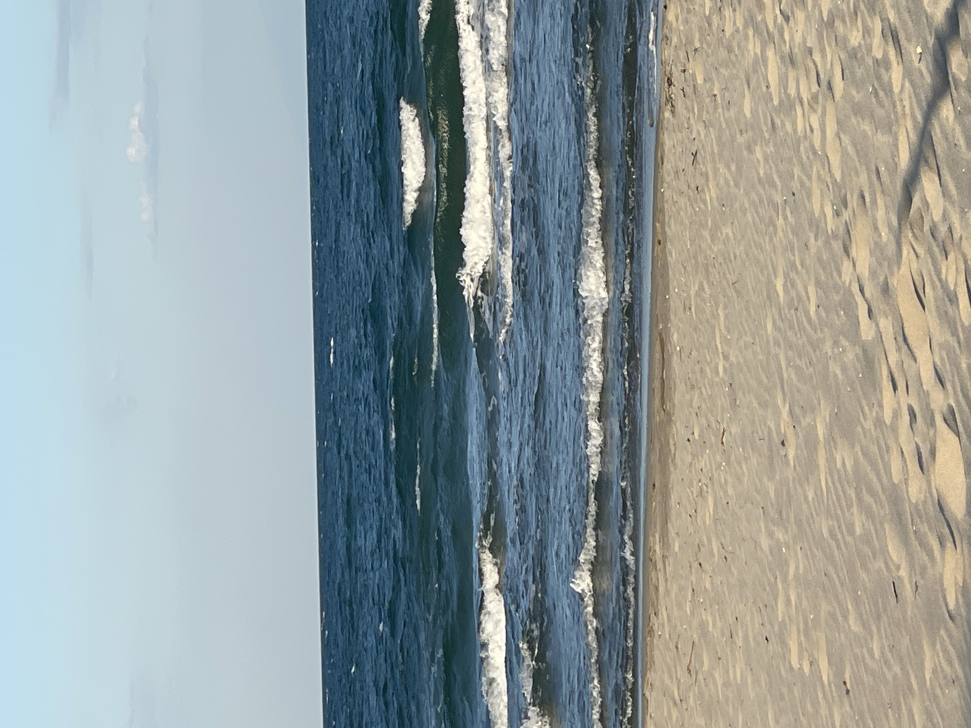 The image shows a serene beach scene with the ocean meeting the sandy shore. The water is a deep blue with several white-capped waves rolling in. The sky is a clear, pale blue with a few wispy clouds in the distance. The sand in the foreground is light tan and textured, with some small pieces of debris scattered across its surface. The scene is tranquil and captures a typical coastal landscape.