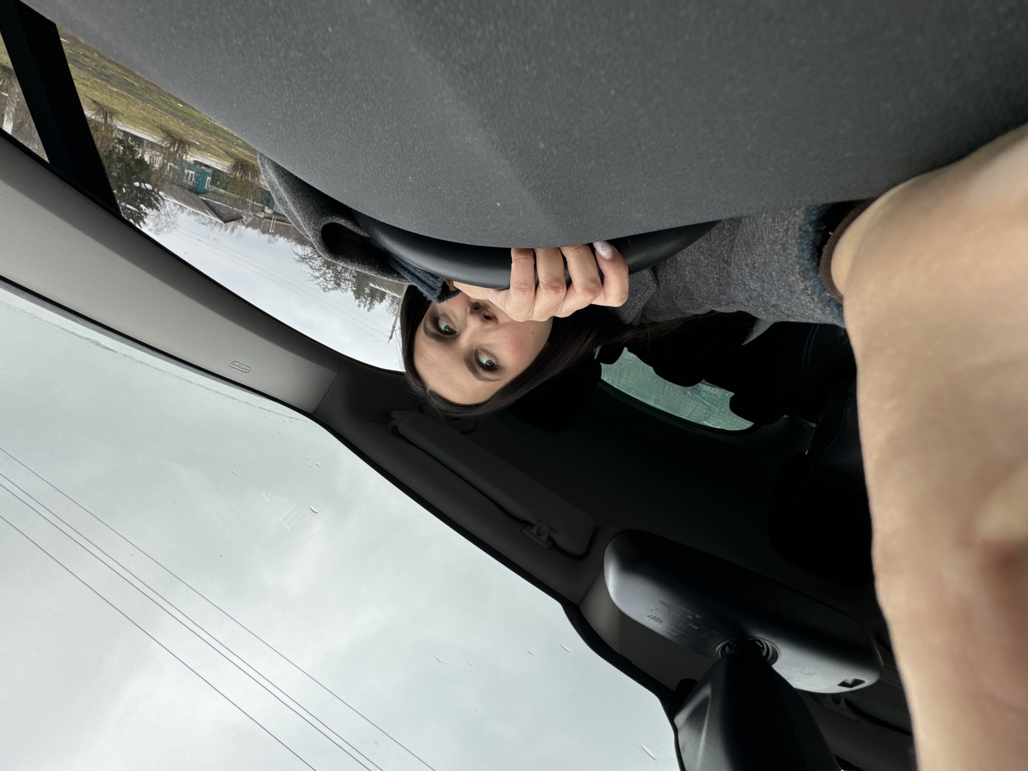 A woman is upside down inside a vehicle, gripping the steering wheel with both hands. She has dark hair and is wearing a grey sweater. Her face is visible, and she is looking directly at the camera. Outside the car window, there's a view of an overcast sky and glimpses of a residential area, including houses and bare trees. It is unclear if the location is Красный Маяк, Russia.