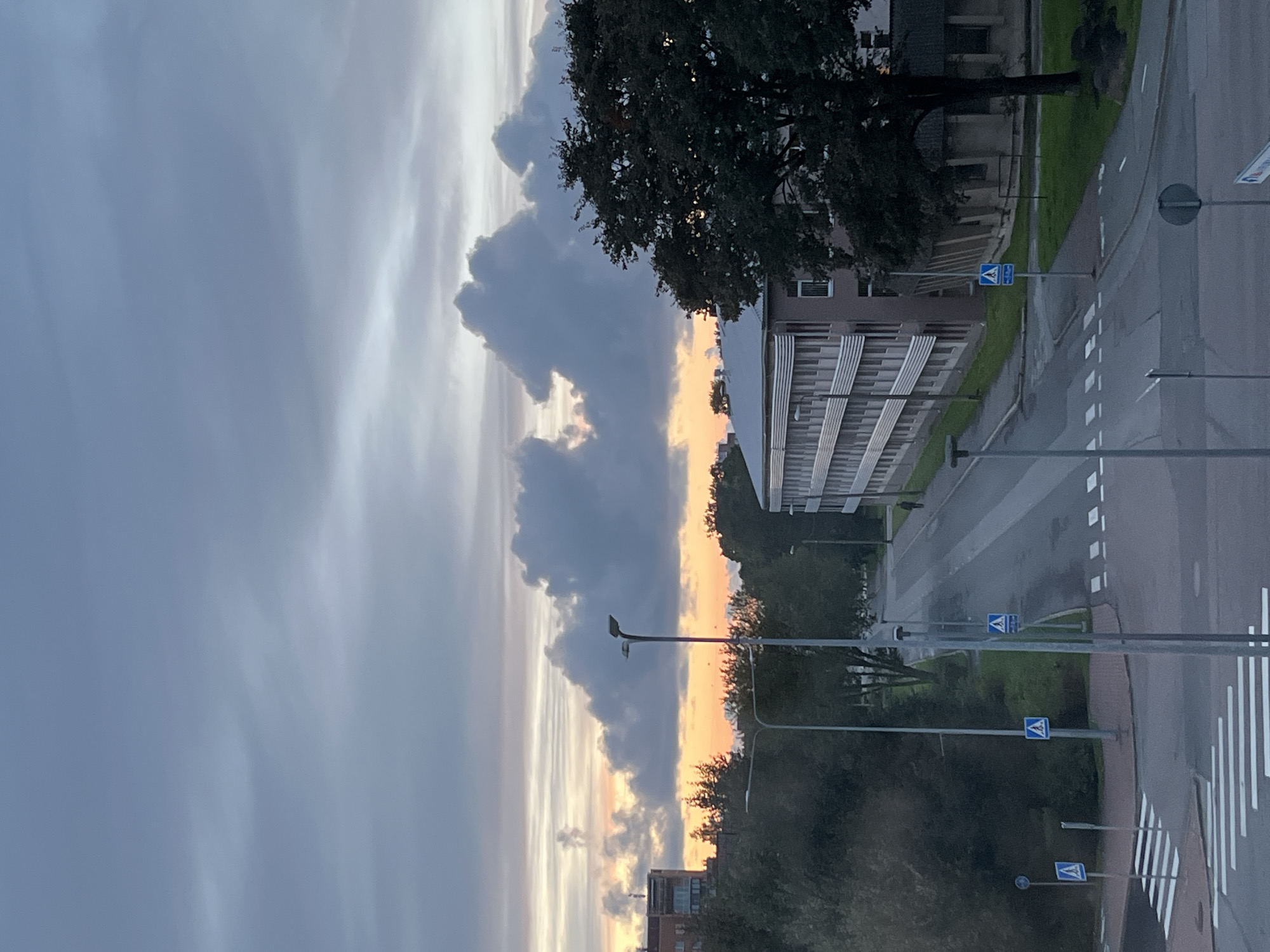 The image captures an overcast sky with dramatic clouds during what appears to be sunset, as indicated by the warm hues of orange and yellow peeking through. The scene is an urban environment, likely in Kohtla-Järve linn, Estonia, characterized by multi-story buildings, trees, streetlights, and road infrastructure. A long, multi-story building with a light-colored facade and numerous windows dominates the middle right of the frame, partially obscured by a large, dark green deciduous tree. Another taller, brick-colored building is visible on the far left. A paved road, marked with crosswalks and traffic signs, curves through the scene. One pedestrian crossing with white stripes is prominently in the foreground, with another further up the road. Streetlights are positioned along the road. A solitary figure is walking on the right side of the road in the distance. The environment appears to be a mix of residential and possibly commercial or institutional buildings, typical of a town or city setting.