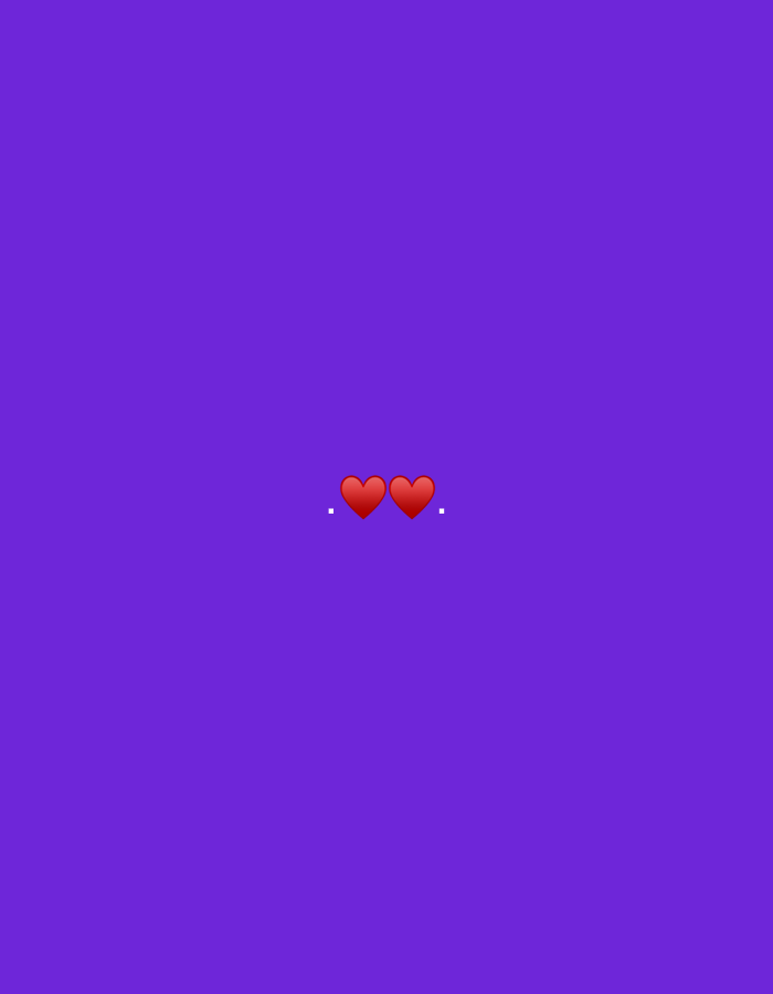 The image is a minimalist graphic with a solid purple background. Centered horizontally and slightly above the vertical center are two red heart emojis. A small white dot is positioned to the left of the left heart, and another small white dot is positioned to the right of the right heart. There are no elements in the image that can be used to identify a location in Okha, Russia.