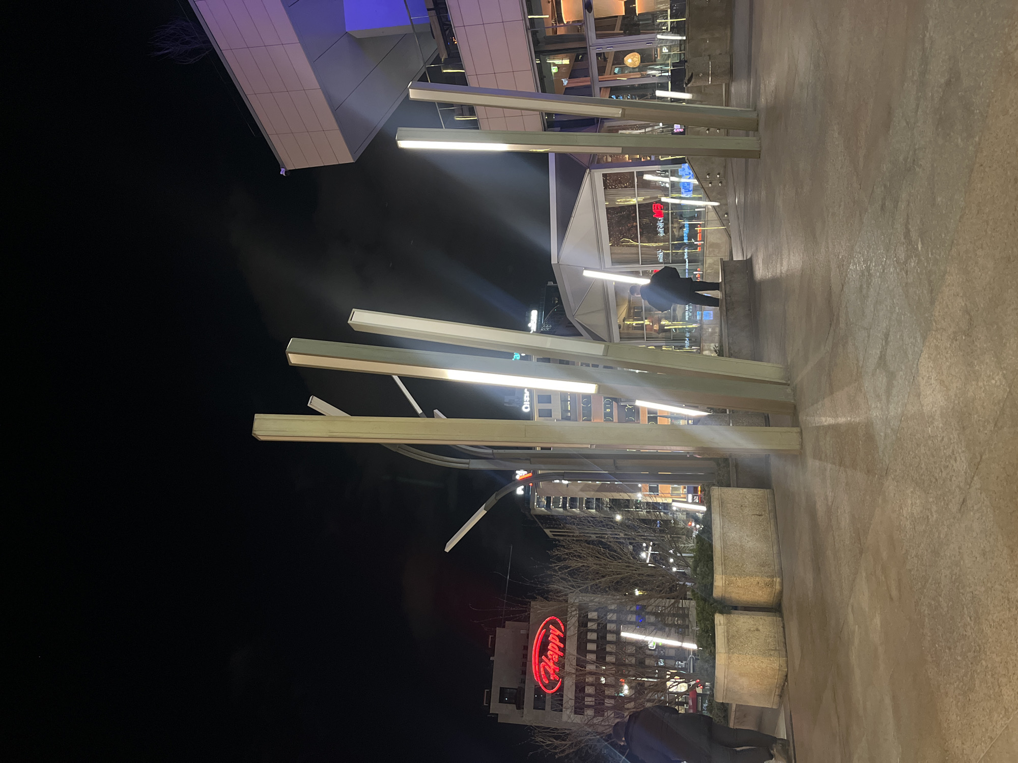 The image depicts an outdoor urban scene at night. Multiple illuminated light bars stand vertically along a gray-paved ground. In the background, a multi-story building with a sign "Adele" in red neon letters is visible. Other buildings are also illuminated. A person wearing a dark jacket stands in the background, near a glass-walled structure. A second person is partially visible at the bottom of the image. The location is likely in Sofia, Bulgaria, due to the "Adele" sign visible in the image.