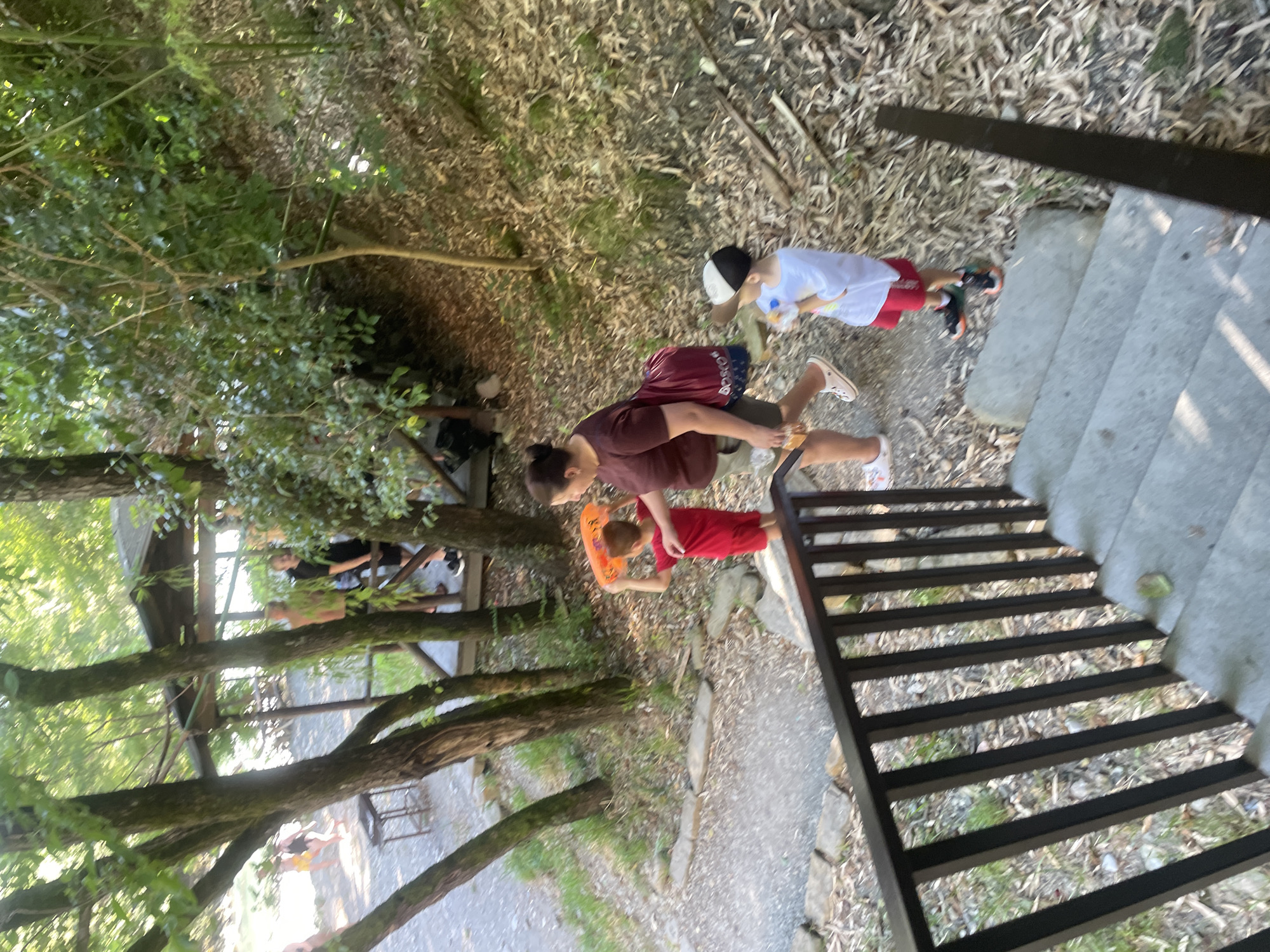 In Sochi, Russia, on a sloped, wooded path leading to stairs, a woman with dark hair pulled back in a bun, wearing a dark maroon t-shirt and khaki shorts, walks down a set of concrete stairs. She carries a large red backpack slung over her right shoulder. To her left, a young boy in a red t-shirt and red shorts holds an orange object above his head. To the woman's right, a young boy wearing a white t-shirt, red shorts, and a baseball cap with a light-colored brim, holding a bottle in his left hand, walks down the stairs. The path is made of gravel and stones, with a black metal railing lining the stairs. The surrounding environment is lush with trees and dry leaves on the ground. In the background, a wooden structure with a roof is visible.