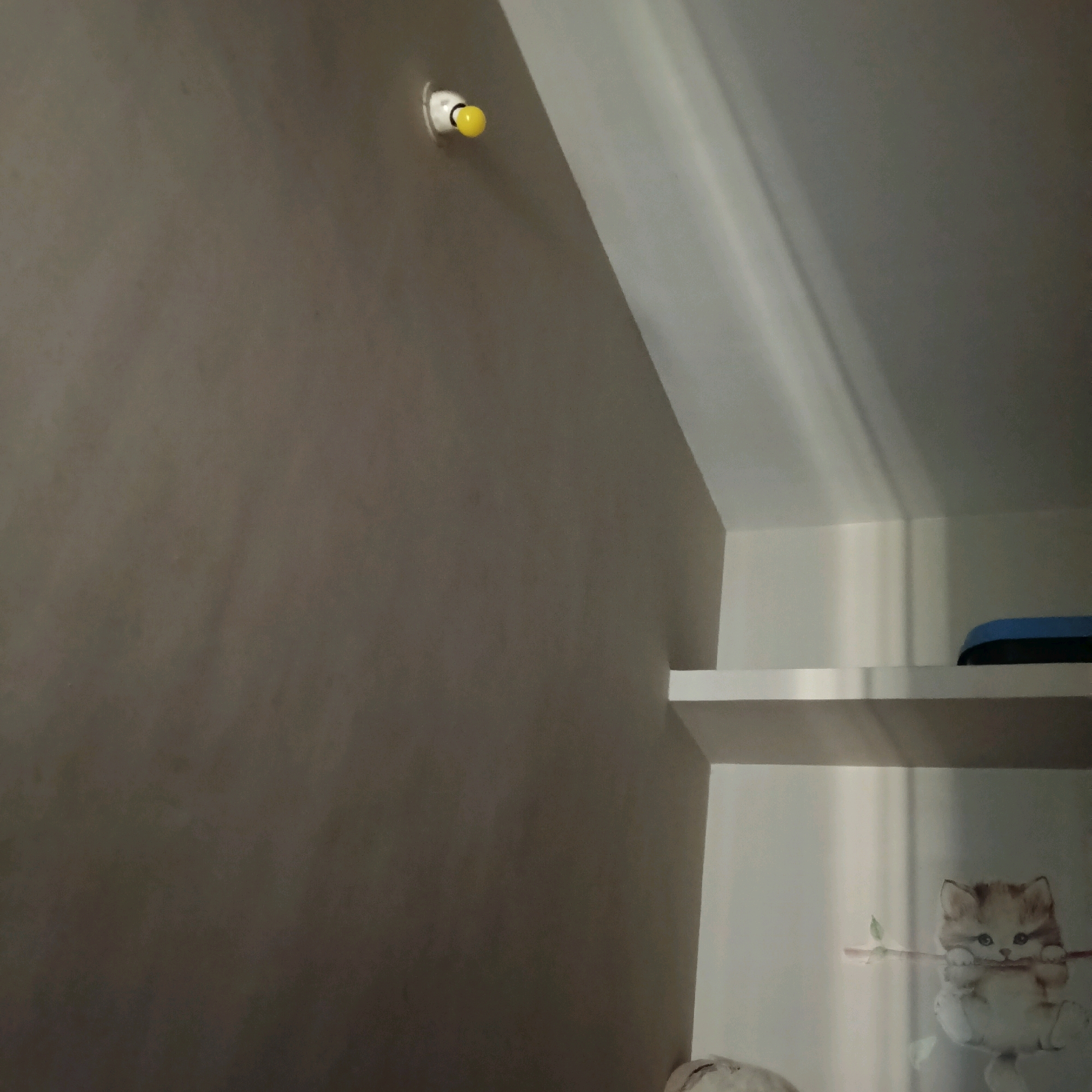 A close-up, indoor shot reveals a light fixture with a yellow bulb mounted on a textured, taupe-colored wall. To the right, a sloped ceiling is visible, with a white shelf unit. On the upper shelf, a dark blue object, possibly a book or a case, is partially visible. The lower shelf displays a framed picture of a fluffy kitten holding a small branch. The scene appears to be from a residential interior, likely a home in Bengaluru, India, given the context provided. No people are present.