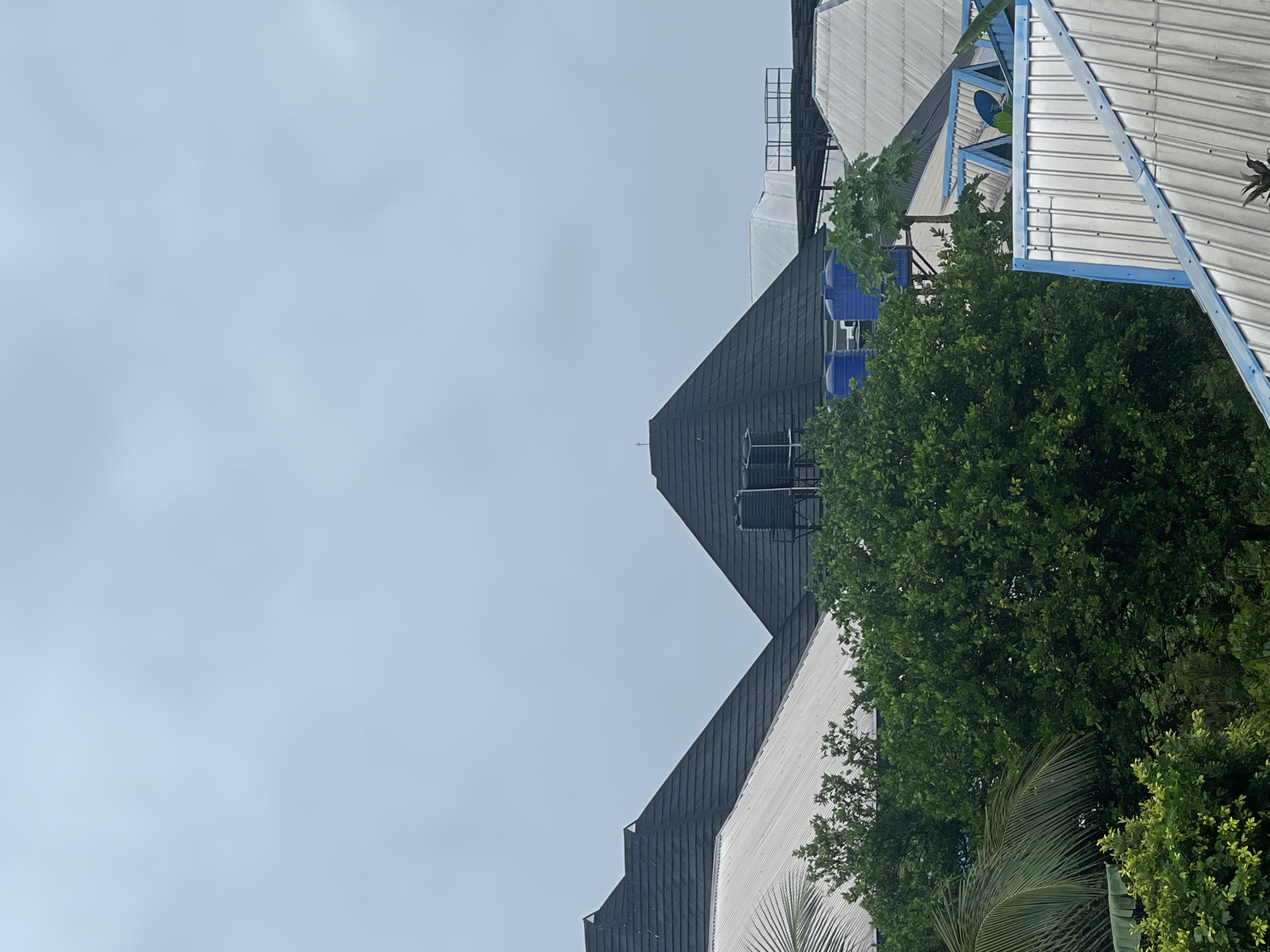 The image shows a view of rooftops and trees against a cloudy sky. The rooftops are of varying materials, some dark grey and some corrugated metal with blue trim. Trees with dense green foliage are interspersed among the buildings. Based on the information provided, the location is Abraka, Nigeria, though there are no specific elements to visually verify the location. The image depicts the built environment coexisting with natural elements. There are no people visible.