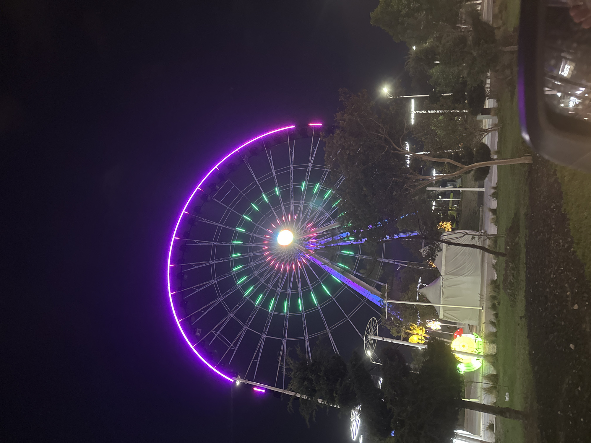 The image captures a vibrant night scene of a large Ferris wheel illuminated with colorful lights, located in what appears to be a public park or entertainment area in Puebla, Mexico. The Ferris wheel, a prominent subject, is adorned with bright purple lights tracing its outer rim, while its spokes and interior structure glow with patterns of green, red, and blue lights, all converging on a radiant central hub of white and red.
The setting is an outdoor space, characterized by numerous trees with dark foliage and areas of grass visible in the foreground and midground. Bright streetlights are scattered among the trees, casting white illumination on the surroundings. In the mid-distance on the right side of the frame, several light-colored tents are partially visible behind a cluster of trees, suggesting an event or fairground. On the grassy ground near these tents, decorative light installations in the shape of glowing figures, including a distinct yellow, possibly animal-shaped, form and another smaller red one, add to the festive ambiance.
The time of day is clearly night, with a dark sky providing a striking contrast to the vivid artificial lighting. The photograph seems to be taken from a slightly elevated perspective, possibly from inside a vehicle, as evidenced by the dark frame and reflective surface of a car's side mirror visible on the far right edge of the image. The mirror reflects distorted ambient lights. No discernible text is visible within the frame. The overall impression is one of an engaging and lively nocturnal environment.