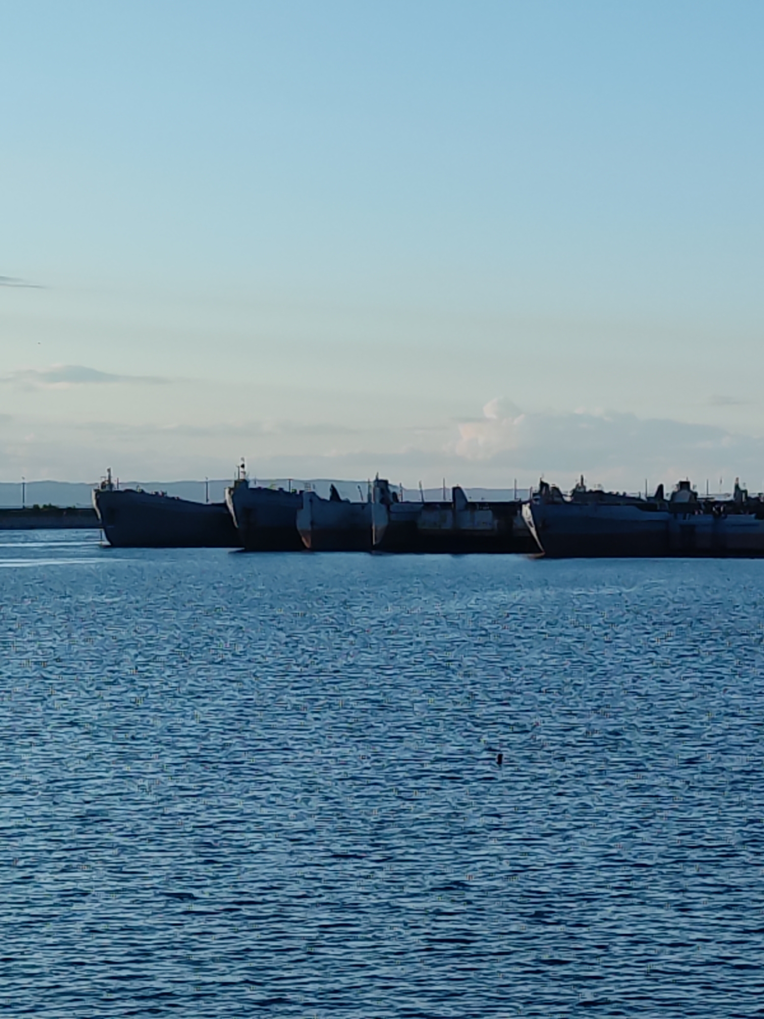The image captures a tranquil scene featuring several large, industrial ships moored on a calm body of water, likely the Kama River near Chaikovsky, Russia. In the foreground, the water's surface is a deep blue, textured with countless small, parallel ripples, indicating a very still and undisturbed environment.
Stretching across the middle ground, a line of dark-hulled vessels dominates the horizon. There are at least five ships visible, positioned close to what appears to be a distant shore or bank. Their structures, including parts of their superstructures and possibly cargo holds, are silhouetted against the brighter sky, making it difficult to discern fine details. The ships appear to be stationary, perhaps retired or undergoing repairs, showing signs of their working life.
The background is dominated by a clear, pale blue sky, gradually lightening towards the horizon. A few faint, wispy clouds are scattered across the upper portion of the sky, adding subtle visual interest. A low-lying landmass or distant shoreline is faintly visible beneath the sky, behind the ships. The lighting suggests a bright daytime, possibly late afternoon or early morning, given the soft illumination and the dark silhouettes of the vessels. There is no visible human activity or text in the image. The overall impression is one of peaceful serenity contrasted with the presence of heavy industry.