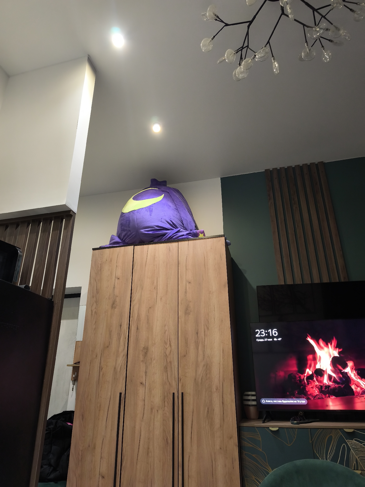 The image shows a room in what appears to be a residential setting in Moscow, Russia, as indicated by the Cyrillic text on the TV screen displaying the date and weather. The scene includes a tall wooden wardrobe cabinet with a large purple plush item with a crescent moon design sitting on top. Next to the wardrobe is a dark panel feature wall with wooden slat accents. A TV screen displaying a fireplace is visible, sitting on top of a cabinet with a decorative floral pattern. Above the TV, there is a modern chandelier with multiple glass light fixtures. A partial view of a dark-colored cabinet and what might be a coat or clothing are seen to the left of the wardrobe. The walls are painted in a combination of white and dark green.