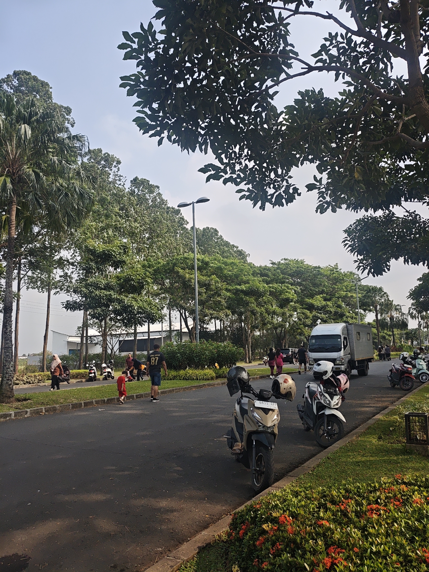 The image depicts a street scene in Bacin, Indonesia, on a clear day with scattered clouds. A paved road runs diagonally across the frame, flanked by a grassy median and a sidewalk. Several motorcycles are parked along the roadside. A white truck with a silver cargo box is driving down the street. In the background, lush green trees form a dense canopy. Several people are walking or standing on the sidewalk and near the parked motorcycles. A child in a red shirt is walking on the road. In the foreground, a patch of flowering plants with small red and yellow blossoms adds a splash of color. The overall impression is that of a typical urban or suburban street in a tropical environment.