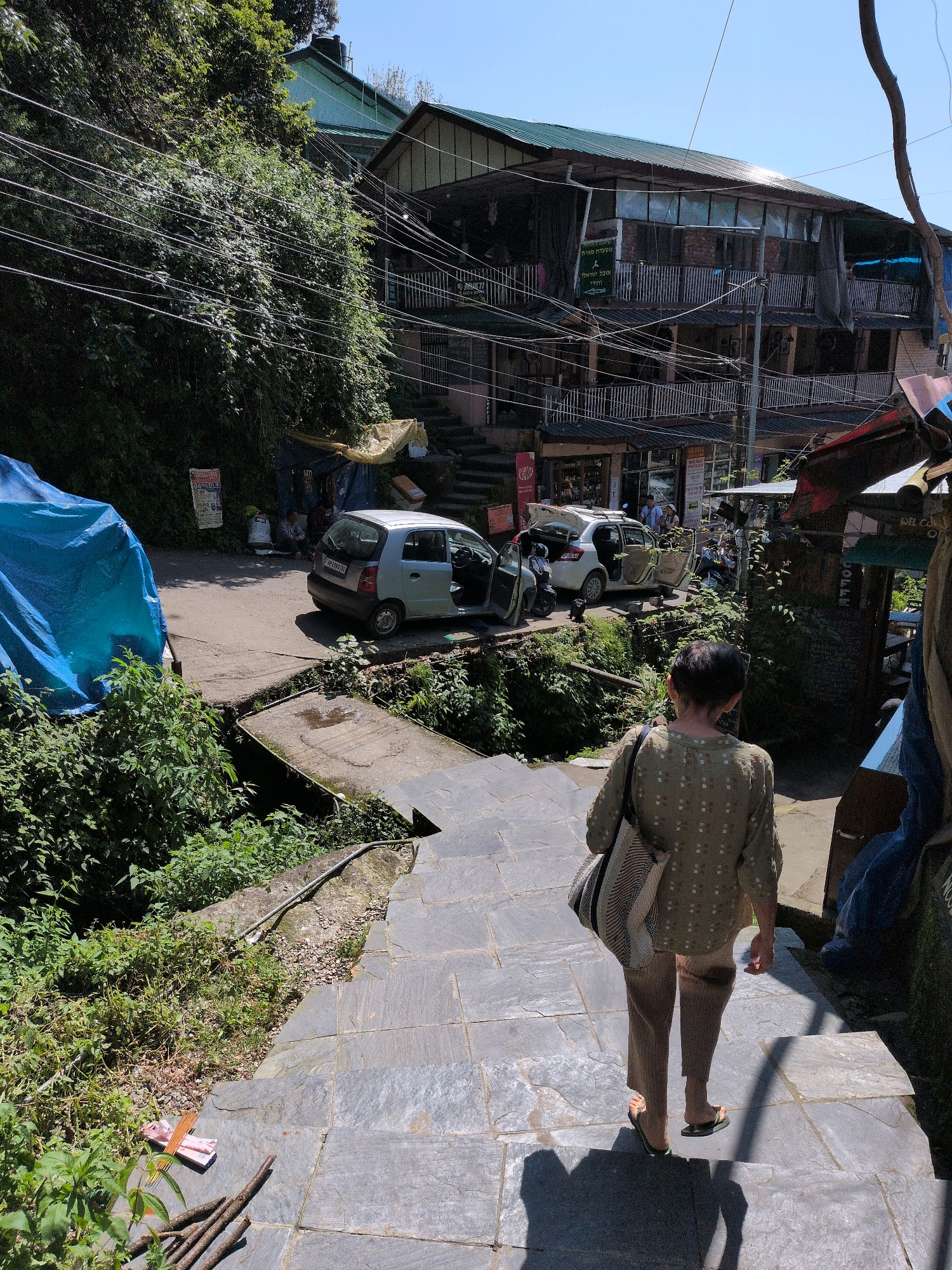 The image captures a view of a narrow, winding street in Bhagsu, India, characterized by a steep incline and a mixture of natural vegetation and man-made structures. A woman, seen from behind, is walking down a stone staircase on the right side of the frame. She is wearing a light-colored, patterned shirt and loose-fitting pants, with a large bag slung over her shoulder and flip-flops on her feet. Her shadow is cast prominently on the stairs.
The street itself is paved with uneven stone tiles and bordered by dense green foliage and trees, indicative of the hilly terrain. To the left, a bright blue tarpaulin covers a large object, possibly a vehicle or storage. Adjacent to it, a silver hatchback car with its doors open is parked on a lower level of the street. In the background, a multi-story building with a green metal roof and balconies extends upwards, with numerous electrical wires crisscrossing in front of it, common in such bustling areas. The architecture suggests a commercial or residential establishment. Several other cars and a motorcycle are visible on the street level. The scene is illuminated by bright sunlight, casting distinct shadows. The overall impression is one of a vibrant, densely populated, and somewhat chaotic urban environment set against a lush, natural backdrop.