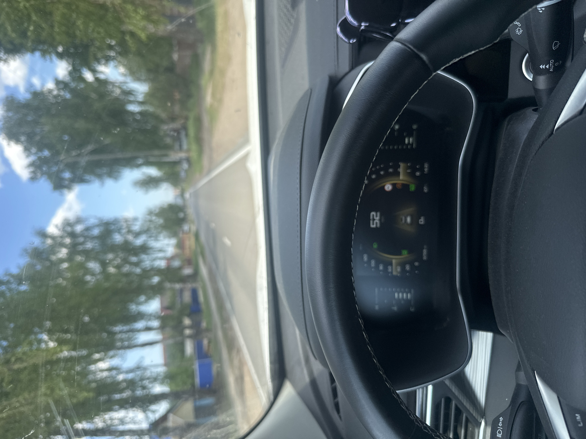 The image shows the interior of a car, specifically the dashboard, steering wheel, and a view through the windshield. The car is traveling on a road with trees lining the sides. The dashboard displays a speed of 52, presumably kilometers per hour. The location in the city is unknown.