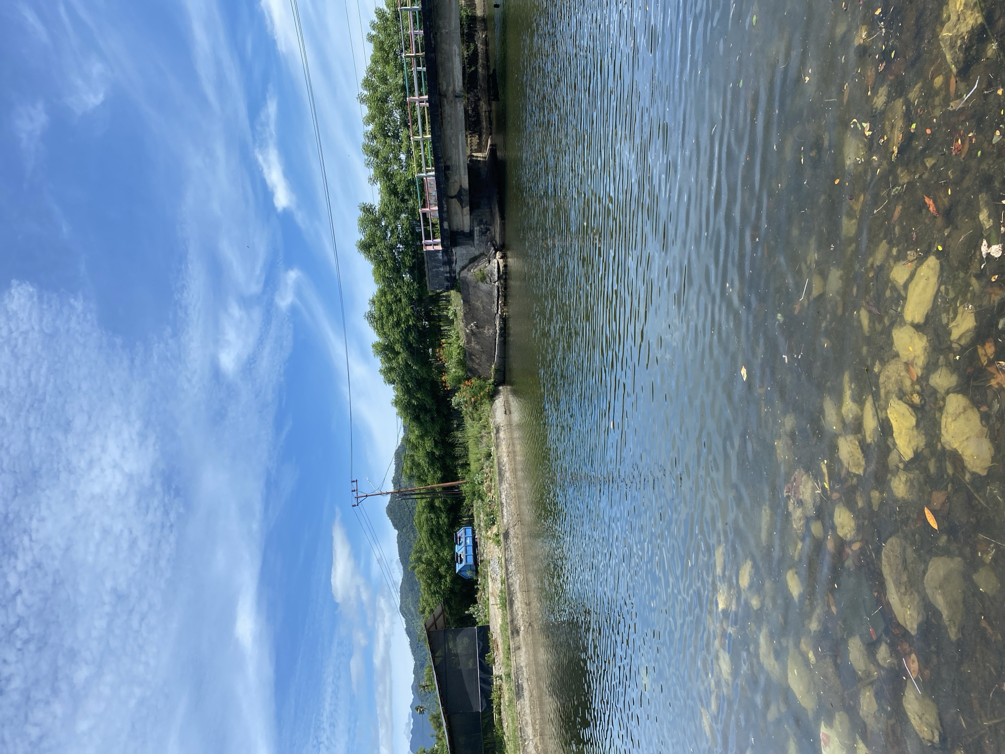 This image captures a tranquil scene in Aneuk Paya, Indonesia, on a bright, partly cloudy day. In the foreground, the clear water of a canal or river reveals a bed of rocks and fallen leaves, with gentle ripples disturbing the surface.
To the left of the canal, a concrete embankment leads to a grassy area. On this bank sits a dark-colored greenhouse-like structure covered with netting, and further back, a bright blue skip or dumpster. Beyond these structures, a prominent utility pole with wires stretches across the scene, connecting to distant power lines.
A concrete bridge spans the water in the mid-ground. The bridge has a railing with multicolored painted sections – red, white, green, and yellow. Lush green trees line the banks of the canal and the far side of the bridge, forming a dense, verdant backdrop. In the distance, rolling hills covered in vegetation rise against the blue sky. The sky itself is a vivid blue, streaked with wispy white clouds that suggest a gentle breeze. The overall impression is one of rural serenity.