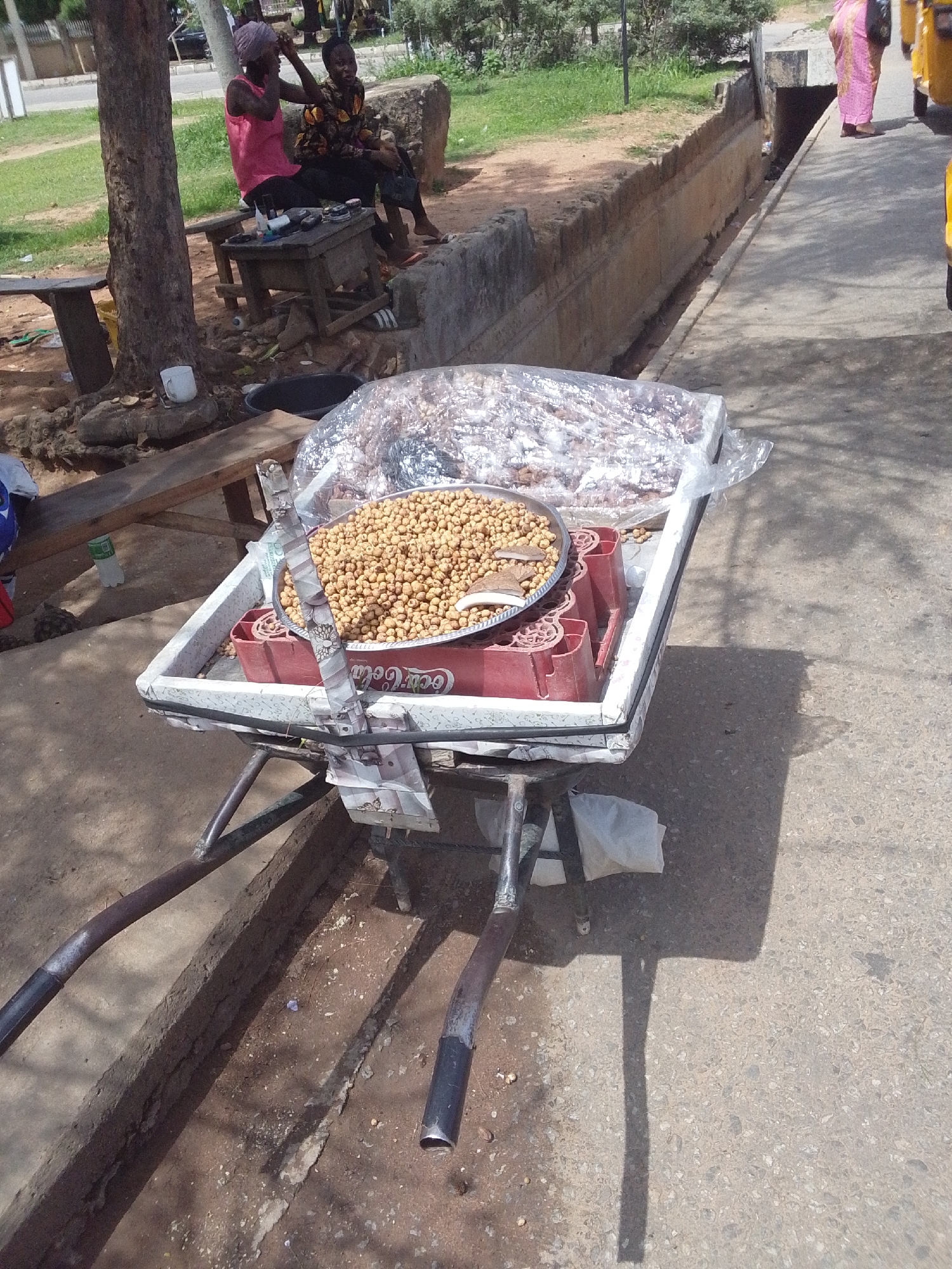 The image depicts an outdoor scene in Jalingo, Nigeria, likely on a roadside. In the foreground, a wheelbarrow is laden with food items. A large, shallow dish filled with what appears to be roasted chickpeas or similar legumes is centrally placed. Behind this dish, a clear plastic bag contains more of the same food items, suggesting bulk supply. The wheelbarrow itself is constructed from a white trough-like container supported by metal handles and frame. Red plastic containers are visible within the wheelbarrow, holding additional food.
In the background, two individuals are seated on a wooden bench. One person, wearing a pink sleeveless top and a purple headwrap, is seemingly attending to the hair of the other person, who is dressed in a patterned shirt and dark trousers. A small wooden table is positioned in front of them, holding various items that might be related to hairdressing, such as bottles and small containers. A large tree with a rough bark stands to the left of the seating area.
The environment includes a paved walkway or road surface, a raised concrete wall or barrier, and an area of dry earth and vegetation. In the far background, a person in a pink patterned garment is walking on the raised concrete structure, and the yellow front of a vehicle, possibly a tricycle taxi, is visible to the right. The scene suggests a roadside vending or service area, common in urban settings.