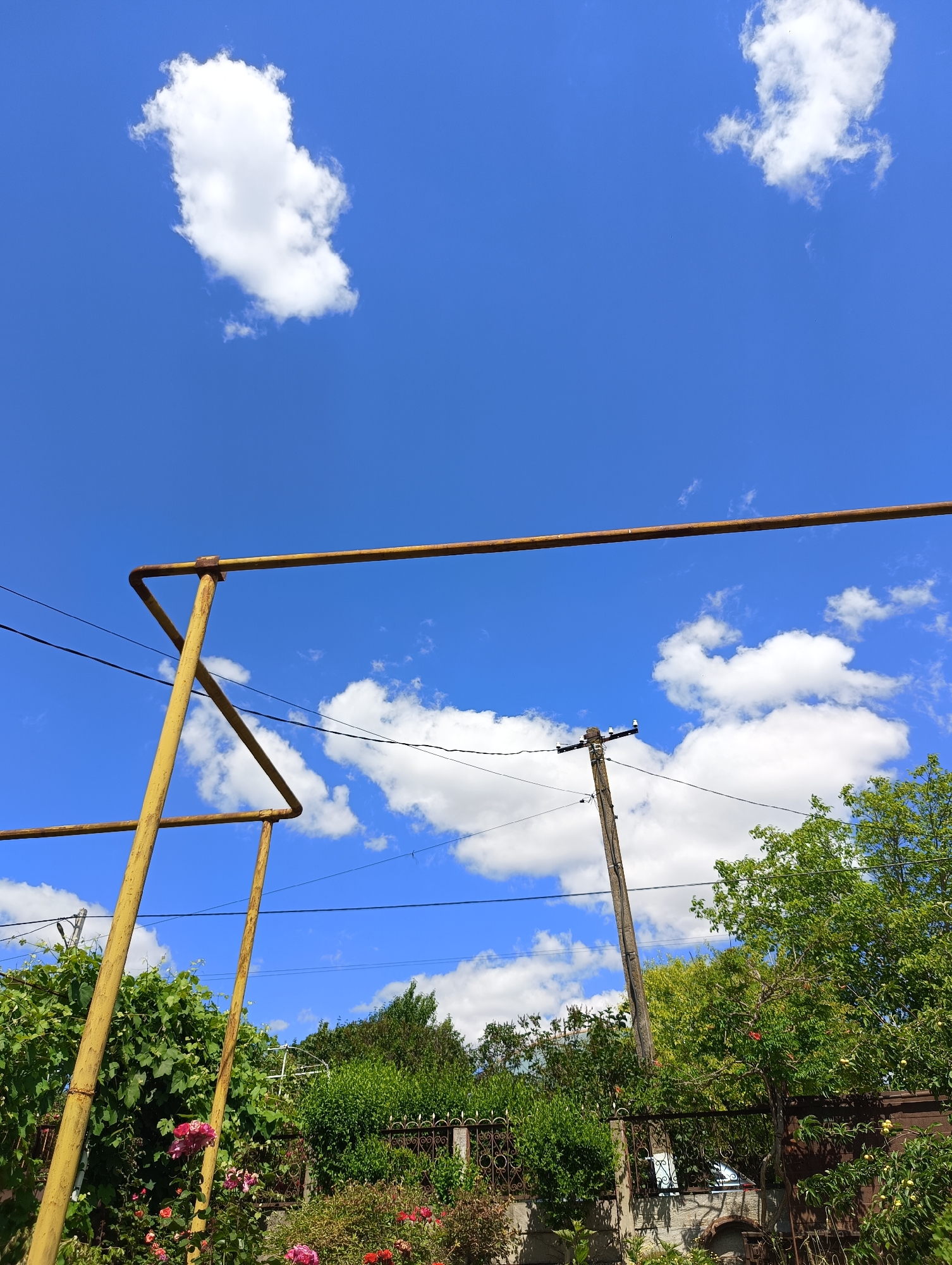 A low-angle outdoor daytime shot captures a vibrant blue sky dotted with fluffy white clouds, with a bright yellow metal structure dominating the upper half of the frame. This structure appears to be part of a clothesline or a similar support system, extending horizontally across the image. Below this structure, a power pole with wires is visible, suggesting an urban or suburban setting. The lower portion of the image reveals a lush garden with various plants, including green foliage, rose bushes with pink and red blooms, and a vine. A decorative metal fence runs along the background, hinting at property boundaries. The scene is peaceful and serene, evoking a sense of a warm, sunny day.