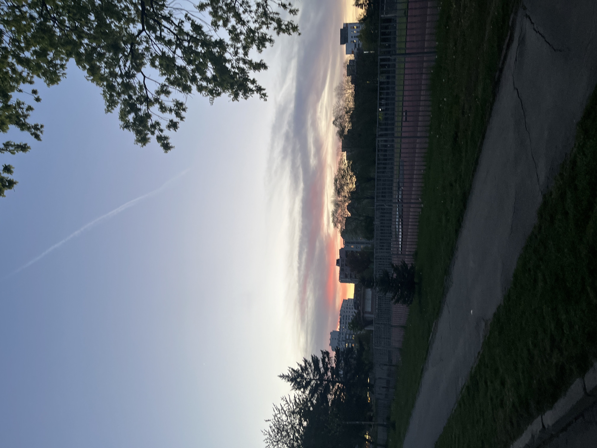 The image displays an urban landscape captured in a vertical orientation, depicting a serene twilight scene. The left side of the frame features a clear, light blue sky, with a faint white contrail stretching diagonally across it. In the upper left corner, dark tree branches with leaves extend into the frame, partially silhouetted against the bright sky.
Moving towards the right, the sky transitions into a breathtaking display of clouds, painted with hues of soft pink, orange, purple, and grey, indicating either a sunrise or sunset. Below these colorful clouds, the silhouettes of numerous multi-story buildings, characteristic of an urban environment, are visible against the horizon. Dark evergreen trees and other deciduous trees are scattered in the midground, adding depth to the scene.
On the far right side of the image, a dark, paved path runs vertically, bordered by green grass. Parallel to the path, a metal fence, possibly enclosing a sports field or a park, extends upwards, its structure partially visible. No human activity or visible text is present. The scene evokes a peaceful ambiance of a city like Sofia, Bulgaria, as day transitions to night or vice versa.