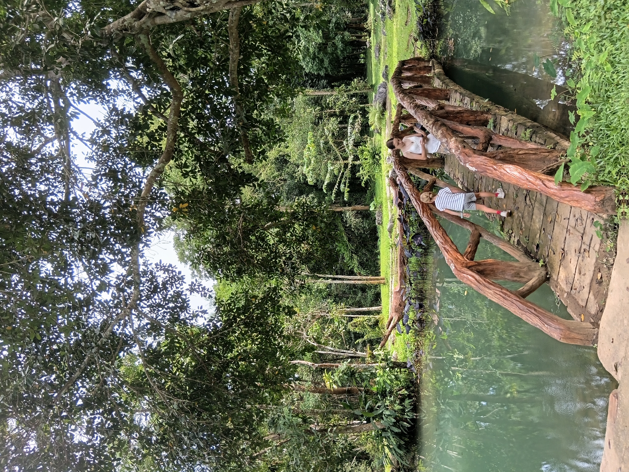 Two individuals are walking across a rustic wooden bridge over a body of calm, greenish water. The bridge has decorative, rough-hewn wooden railings that mimic tree branches. On the bridge, a younger person, likely a child, is wearing a striped t-shirt and shorts, walking away from the viewer. Beside them, an older person, likely an adult, is wearing a white tank top and is looking down at a phone. The environment is lush and tropical, with dense green foliage and trees surrounding the water. In the background, there is a grassy area with scattered rocks and more trees. The image appears to be taken in Mae Sai District, Thailand, given the tropical vegetation and landscape.