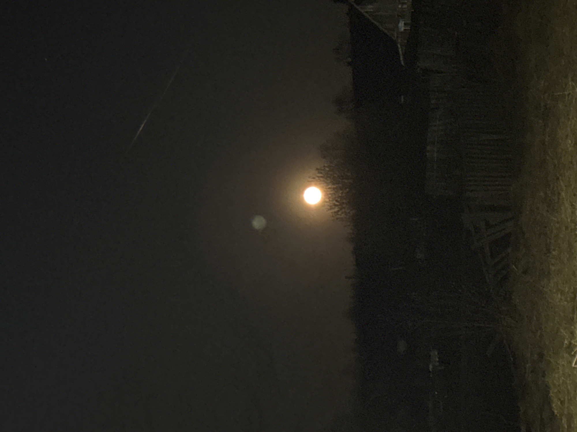 The image depicts a dark, night scene outdoors. A bright, spherical light source, likely the moon, dominates the center of the image, shining through what appears to be a layer of thin clouds or haze. A smaller, slightly out-of-focus spherical light is visible below and to the left of the brighter light source. At the top of the image a streaking light is seen through the sky. The right side of the image shows the blurred outlines of foliage and structures, potentially trees and buildings, suggesting a rural or semi-rural environment. The foreground is dark and indistinct. No people or identifiable subjects are visible. The image provides no information that it is taken in Zhigalki, Russia.