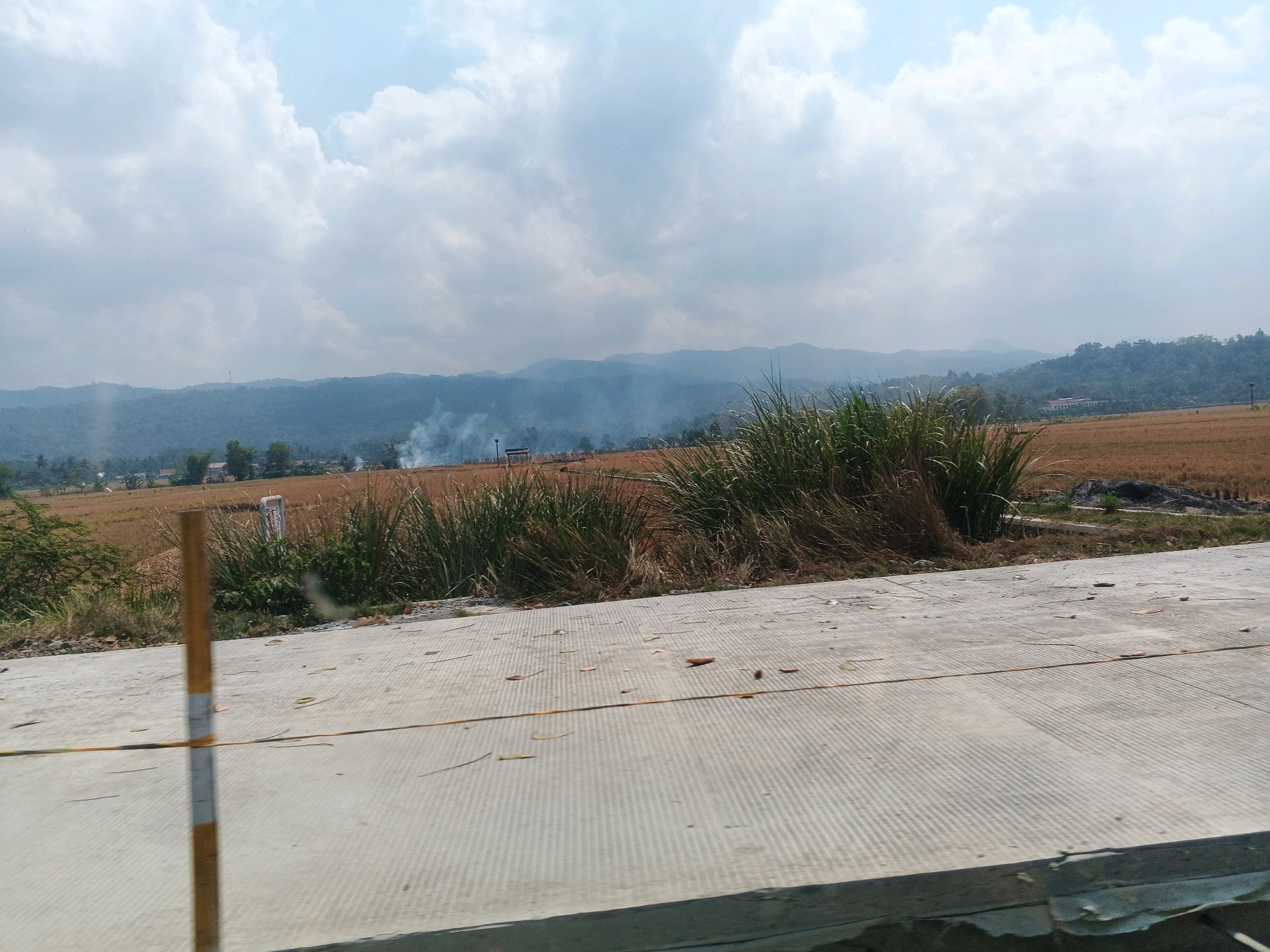 The image shows a rural landscape in Kedungpring, Indonesia, under a cloudy sky. In the foreground, a paved surface, possibly a road or walkway, is visible with a yellow and white striped pole on the left. Beyond this, dry, golden fields stretch towards a line of green trees and hills in the background. Smoke plumes rise from the fields, indicating agricultural burning. A few buildings are scattered amongst the trees. The overall impression is one of a dry, agrarian environment with a slightly hazy atmosphere.