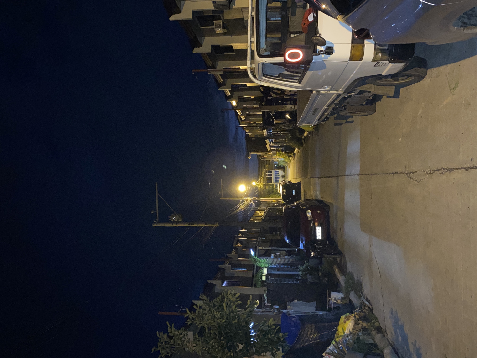 The image depicts a quiet residential street at night in Davao City, Philippines. The scene is illuminated by a streetlamp and ambient light from the houses. On the left side of the street, a tree with dense foliage stands next to a row of houses with visible windows and rooflines. Tarpaulins and piles of what appear to be trash are also present on the left.
In the middle of the street, a red sedan is parked, its license plate partially visible. Further down the street, a black SUV is also parked. On the right side of the street, a white flatbed truck is parked, its side and rear visible. The truck has a circular red reflector on its side. The street itself is paved with concrete and shows some cracks. The sky above is a deep blue, indicating nighttime. The overall impression is that of a peaceful, residential neighborhood at rest.