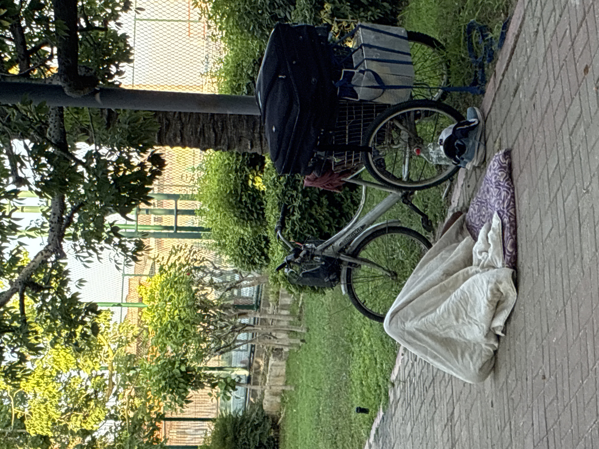The image depicts a street scene in Alanya, Turkey, with a focus on a bicycle laden with luggage and a person sleeping on a blanket on the sidewalk. The bicycle, a silver hybrid model, is parked next to a tall, slim lamppost and a palm tree, indicating an outdoor public space, possibly a park or a side street. The bicycle is equipped with a front basket containing a dark, bulky suitcase, and a rear rack also supporting luggage, including what appears to be a blue and white striped tote bag and a red cloth item. A plastic water bottle and a pair of sneakers are positioned near the rear wheel. In the foreground, a person is lying on a purple and white patterned mat, covered by a light-colored blanket, suggesting they are sleeping or resting outdoors. The surrounding environment includes a paved walkway, a grassy area, and lush green bushes and trees, with a chain-link fence visible in the background. The lighting suggests it is either early morning or late afternoon, with dappled sunlight filtering through the trees. The overall scene portrays an individual seemingly experiencing homelessness or living on the street, with their belongings packed onto their bicycle for mobility.