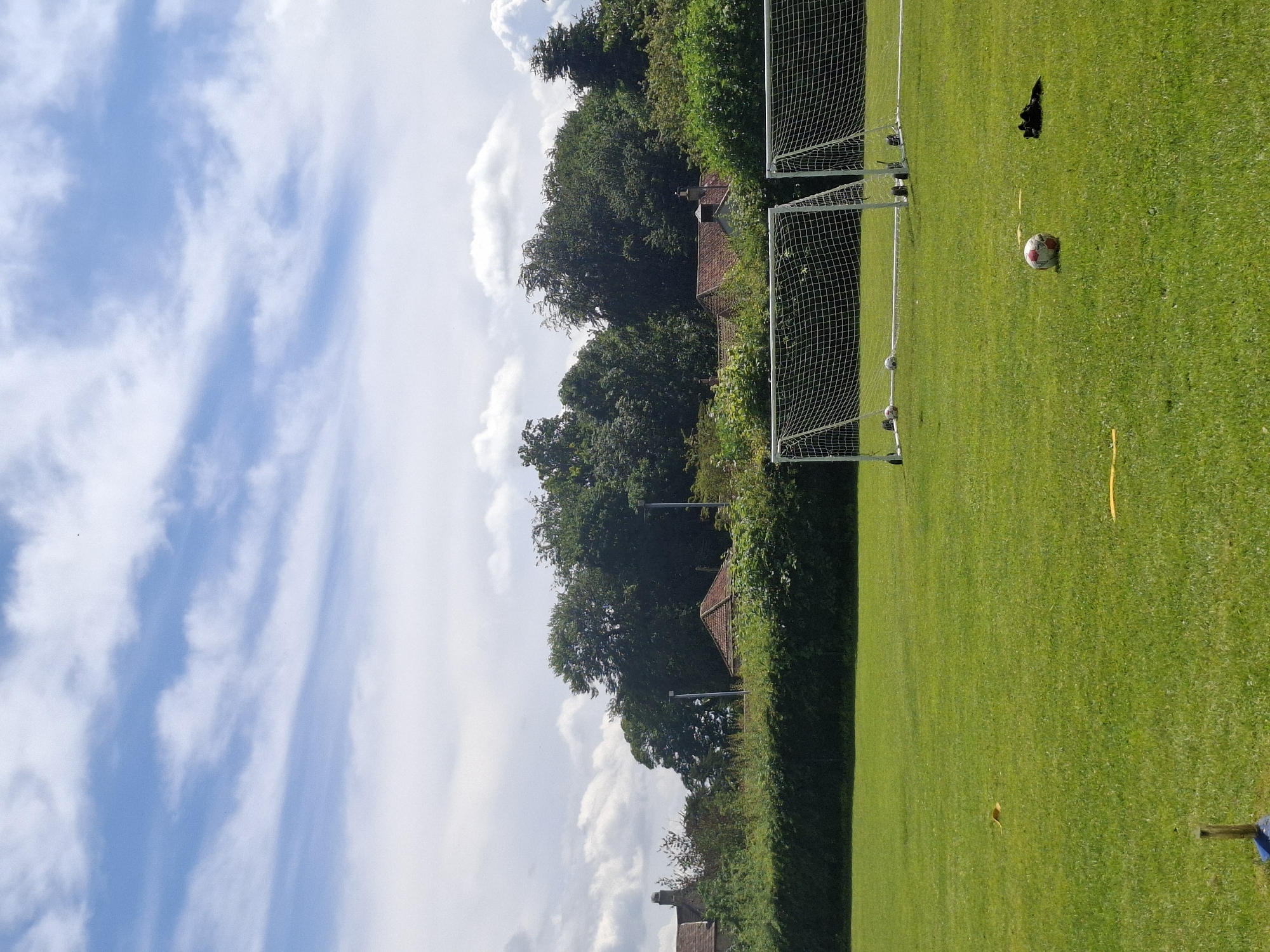 The image depicts a green, manicured sports field, likely a football pitch, in Richmond, United Kingdom. Two football goals with white netting are visible on the right side of the frame. Several footballs are scattered on the grass, with one prominently placed in the foreground. A black object, possibly a pair of gloves, lies near the goal. Yellow markers are also visible on the field.
The background features a line of mature trees and dense green hedges, with glimpses of red-tiled rooftops of houses peeking through the foliage. The sky is a bright blue with wispy white clouds, suggesting a clear and sunny day, likely during daylight hours. The overall atmosphere is serene and peaceful, with no people visible in the frame. The setting appears to be a well-maintained outdoor facility, typical of a park or sports club. There is no visible text in the image.