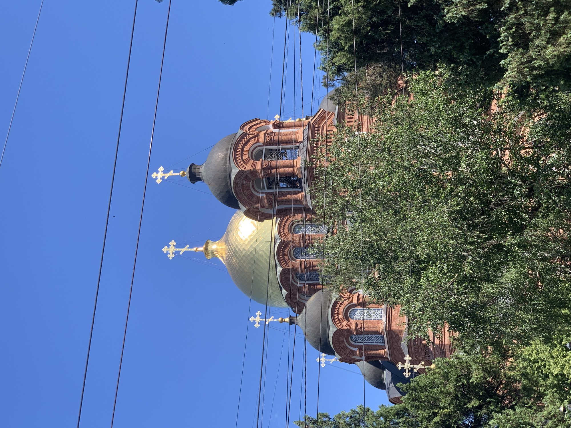 The image displays an Eastern Orthodox church building with multiple domes, photographed outdoors on a clear, sunny day. The image is rotated 90 degrees counter-clockwise, showing the sky on the left and the ground on the right.
The central subject is a large, ornate church constructed with reddish-brown brickwork. It features several onion-shaped domes; the largest and most prominent dome is golden and reflective, positioned towards the left of the building. Several smaller, dark-colored domes are also visible, some adorned with golden Orthodox crosses. The crosses appear to be of the Russian Orthodox style, with an extra horizontal bar and a slanted footrest. The church's facade showcases intricate architectural details, including arched windows with decorative grilles and patterned brickwork.
Lush green trees and foliage partially obscure the church structure, particularly on the right side and in the lower foreground and background, indicating a setting with abundant greenery. Several dark overhead wires stretch across the clear blue sky in front of the church, adding linear elements to the composition. The bright sunlight suggests it is daytime, likely mid-morning or afternoon, given the strong illumination of the golden dome. There is no visible text or any discernable human activity.