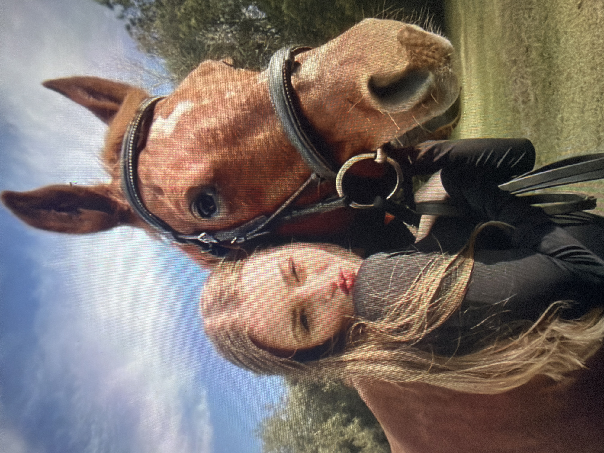 The image displays a young female subject and a horse situated outdoors in the city of Shumen, Bulgaria. The female, positioned on the left side of the frame, possesses long, light-colored hair and wears a dark, long-sleeved top. She is engaged in a puckering expression with her lips, directed towards the camera. The horse, a chestnut or bay breed with a distinct white blaze on its forehead, is bridled with dark leather tack featuring a decorative browband and a metal bit. Its head is presented to the right of the female, angled towards the viewer, with ears forward. The background consists of a clear, light blue sky with scattered white clouds, and dense green foliage from trees and shrubs. Green grass is visible on the ground in the lower right section of the image.