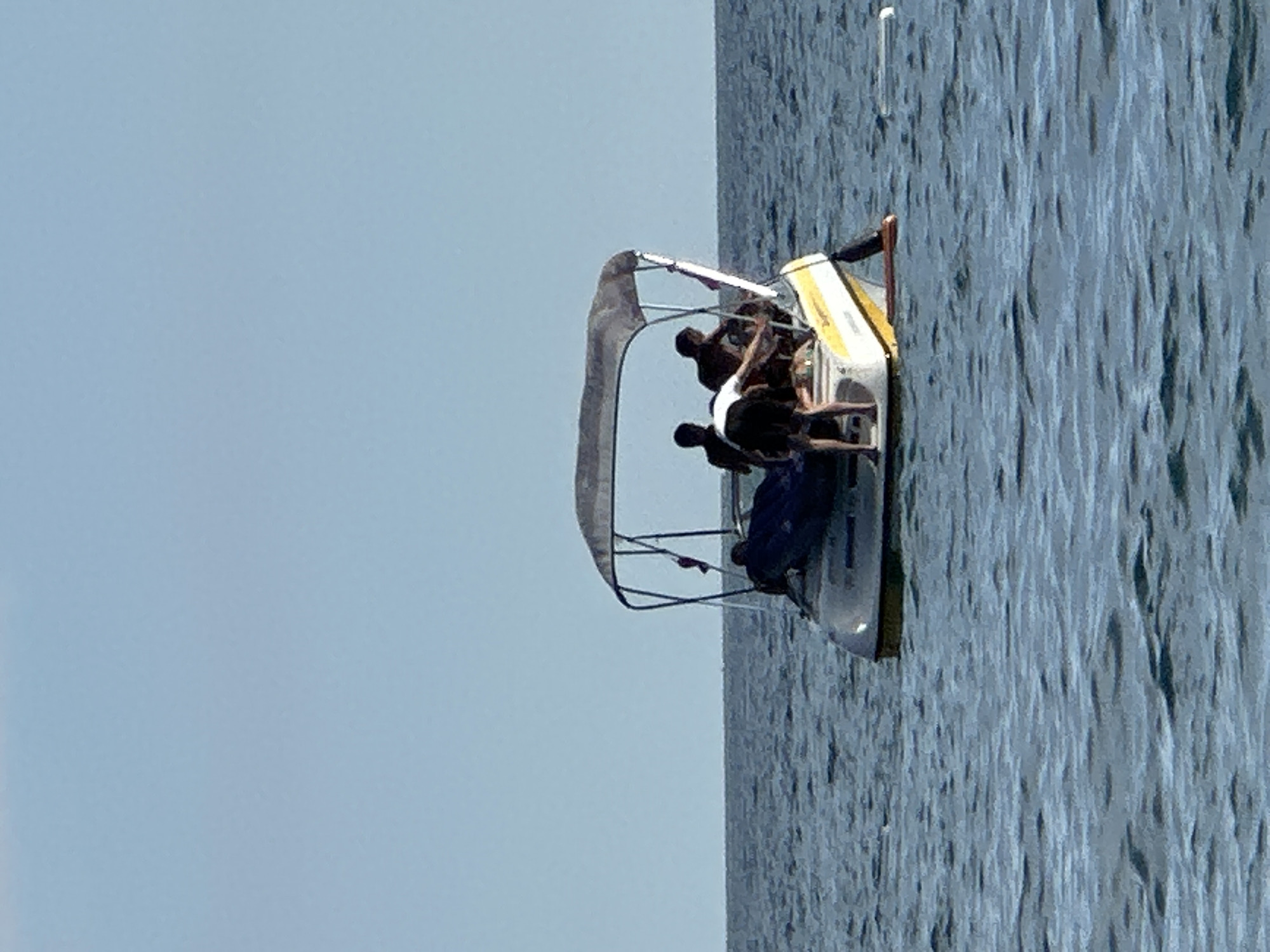 A group of people are on a small boat on the water. The boat is white with yellow trim and has a canopy overhead. The water is choppy and blue. The sky is clear and pale blue. The scene appears to be a recreational outing. There are no buildings or landmarks visible to suggest a specific location within Boreti, Montenegro.
