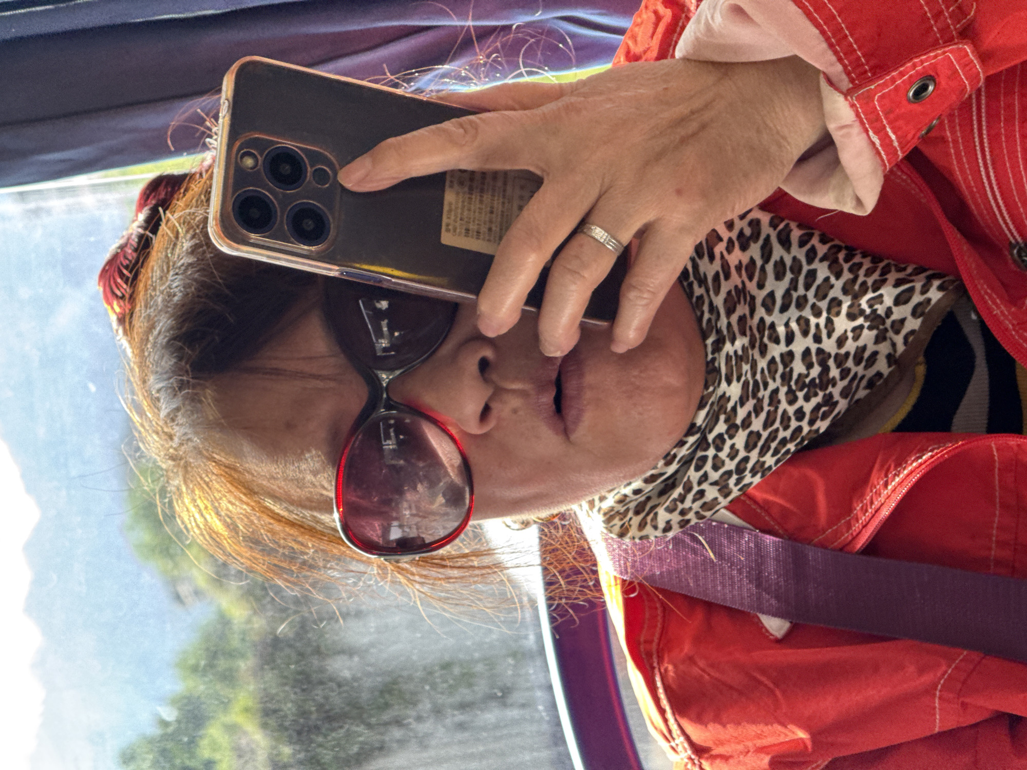 The image captures a close-up of a person, likely a woman, seated inside a vehicle during daylight hours, consistent with travel in Jiangjin, China. The person has reddish-brown hair, illuminated by bright sunlight coming from a window on the left. They are wearing red-rimmed sunglasses, a white and brown leopard print scarf around their neck, and a red jacket with a light-colored lining and visible stitching. A purple strap, likely a seatbelt, crosses the lower part of the frame.
The individual is holding a dark-colored smartphone, identifiable as an iPhone due to its distinctive triple-camera system on the back, enclosed in a clear protective case. A silver ring with a textured pattern is worn on the ring finger of the hand holding the phone. A small, light-colored label with faint, unreadable text, possibly in an Asian script, is visible on the back of the phone. The person's mouth is slightly ajar. Through the vehicle's window, a blurred outdoor scene of bright sky and greenery, possibly mountains or hills, is visible in the background, suggesting movement or a distant landscape. The overall image is tilted, presenting the subject horizontally.