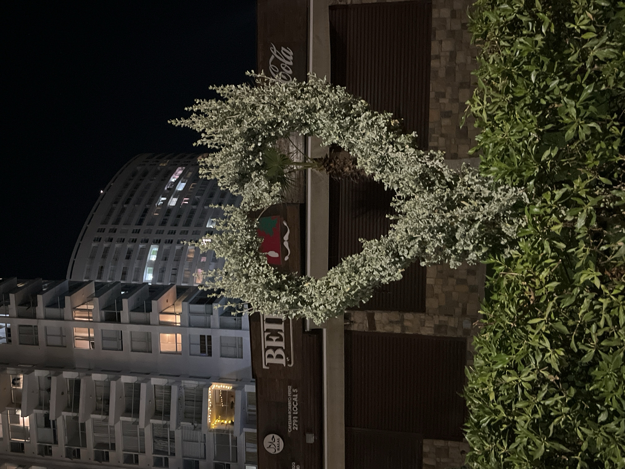 The scene depicts an urban street at night in Unknown, Unknown. In the immediate foreground, a dense hedge of dark green shrubs is visible. Directly behind this hedge, a large heart-shaped topiary, composed of light-colored, compact foliage, dominates the mid-foreground. A small palm tree trunk with a few fronds is partially visible behind the topiary.
Behind the foliage, a commercial building facade features dark brown roll-down shutters covering the lower windows and a stone-clad base. Visible signage includes the word "BEIJING" and a partial "Coca-Cola" logo. A smaller sign to the left displays a Halal symbol and the text "CAPITAN ROBERTO PEREZ 2791 LOCAL 5". Centered within the heart-shaped topiary, a red and green emblem with a white mustache graphic is affixed to the building's facade.
In the background, two multi-story residential buildings rise against a dark night sky. The building on the left is rectilinear with numerous balconies, several of which show illuminated interiors. One balcony on this building is adorned with a string of lights. The building on the right has a curved facade, with fewer discernible illuminated windows. No individuals are present in the image.