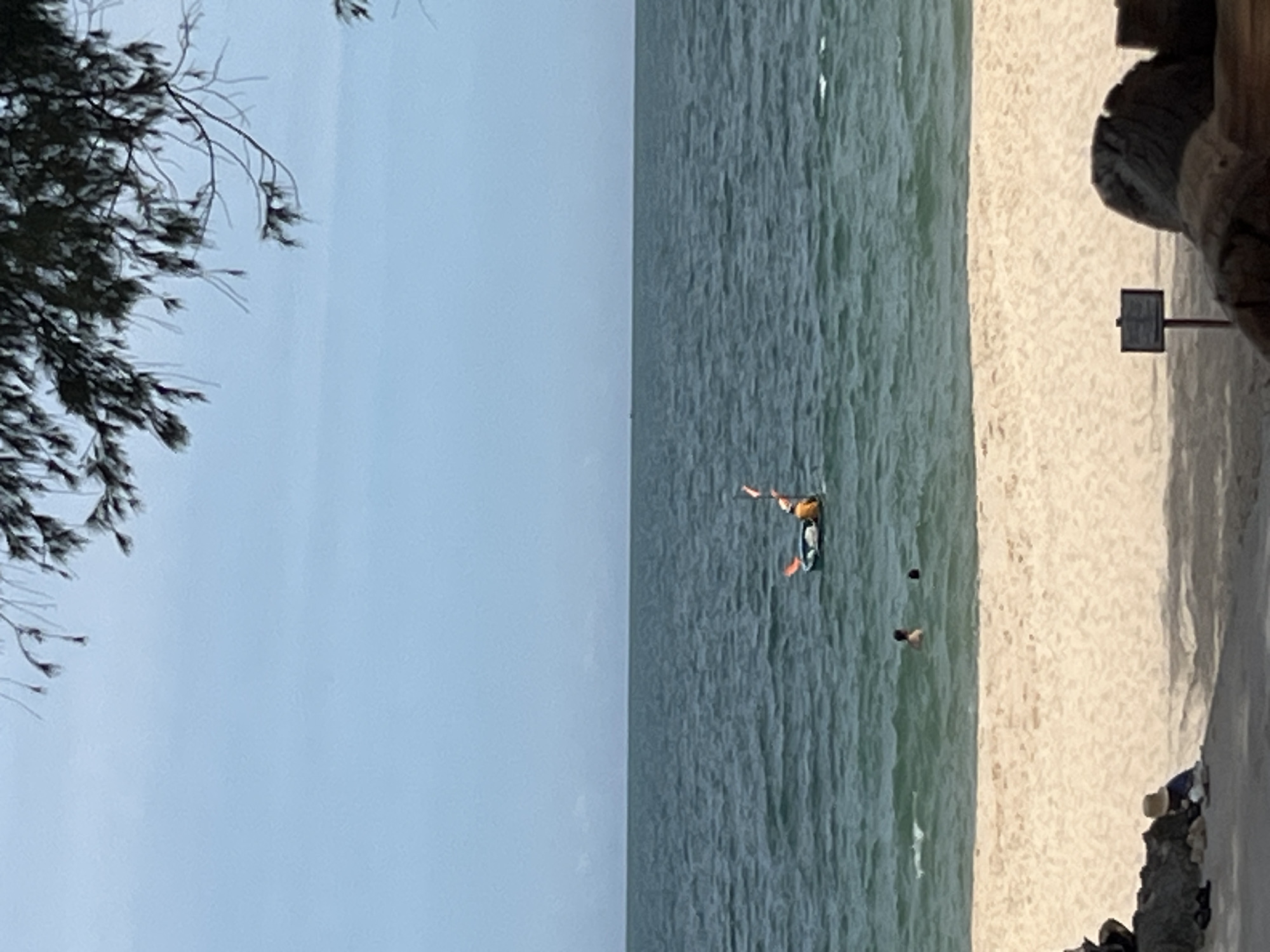The image captures a serene beach scene in Mũi Né, Vietnam. In the foreground, a portion of a tree with delicate branches leans into the frame from the left, partially obscuring a pale blue sky. The main focus of the image is the tranquil ocean, with gentle waves lapping against a sandy shore.
In the water, a person is seen kayaking, their paddle extended, moving across the calm surface. Further in the distance, two individuals are swimming or wading in the sea. The beach itself is a stretch of light-colored sand, appearing uncrowded.
On the right side of the frame, a large, textured object, possibly driftwood or a rock formation, stands prominently. A small, dark signpost with a square sign is visible on the sand near the water's edge. The overall atmosphere is peaceful and leisurely, suggesting a warm, clear day, likely late afternoon or early morning given the soft light. The scene evokes a sense of relaxation and outdoor recreation. There is no visible text in the image.