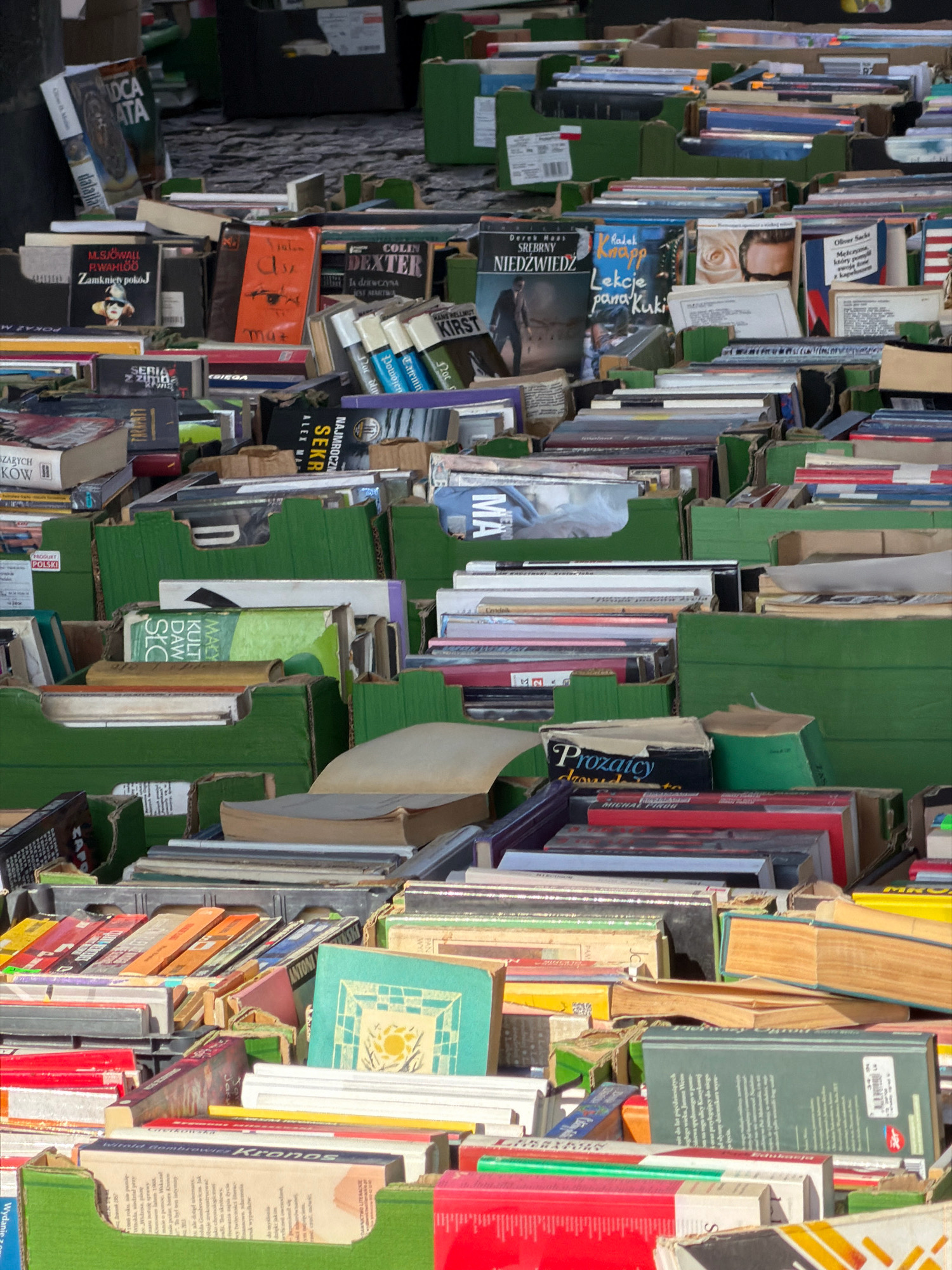 The image depicts a crowded outdoor book market in Wrocław, Poland, likely near the Old Town area, with stacks of books arranged in green cardboard boxes and on makeshift shelves. The books are of various sizes, colors, and ages, with visible titles in Polish and English. Some books are open, revealing text and images. The ground beneath the stalls appears to be cobblestone, typical of historic city centers. The lighting suggests it is daytime, with shadows cast by the books and boxes. There are no people prominently visible in the foreground, but the sheer volume of books implies a bustling marketplace. The overall impression is one of abundance and a rich literary collection available for sale.