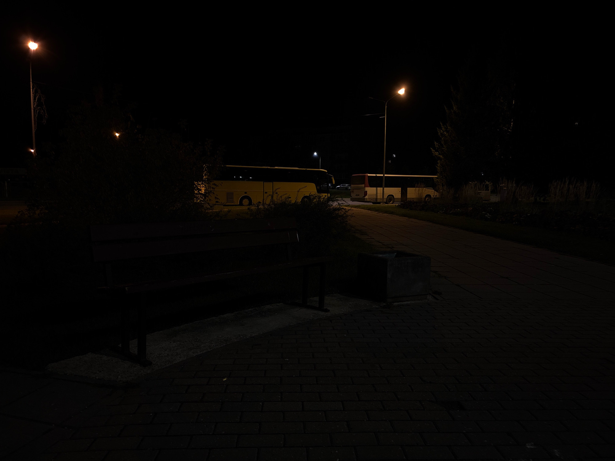 A nighttime scene captured in Daugavpils, Latvia, shows two buses parked on a paved area. The bus on the left is yellow and appears to be a coach. The bus on the right is white with a red stripe and also seems to be a coach. The area is illuminated by streetlights, casting long shadows across the brick-patterned pavement in the foreground. A dark wooden bench is situated on the left side of the image, facing a concrete planter or trash receptacle. Trees and dark foliage are visible behind the bench and around the buses. The overall atmosphere is quiet and still, with the darkness of the night dominating the scene.
